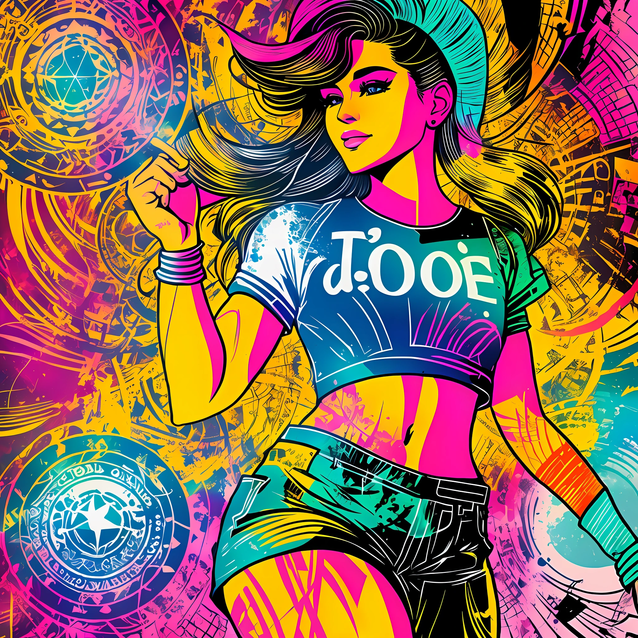 Illustration for T-shirt in the style pop art 80s : an illustration of a woman, standing in a confident pose. She is surrounded by an aura of empowerment, symbolizing the inner strength that all women possess.
Around the illustration, key words in elegant calligraphy, such as "Powerful," "Determined," "Resilient," and "Courageous," form a circle, representing the attributes that define empowered women. --auto --s2