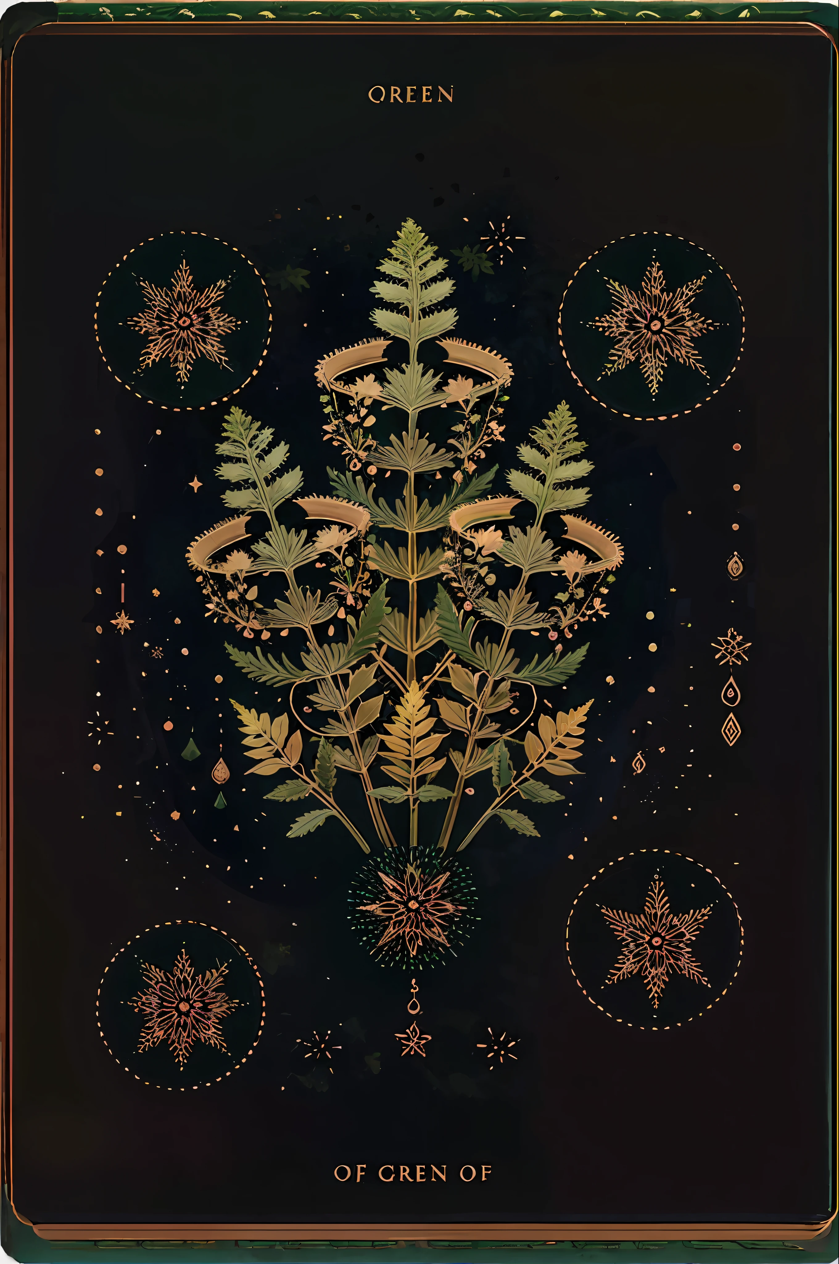 Soul card, line, ((green coloured fairytale fern)), many magic details, wonderful natural color scheme