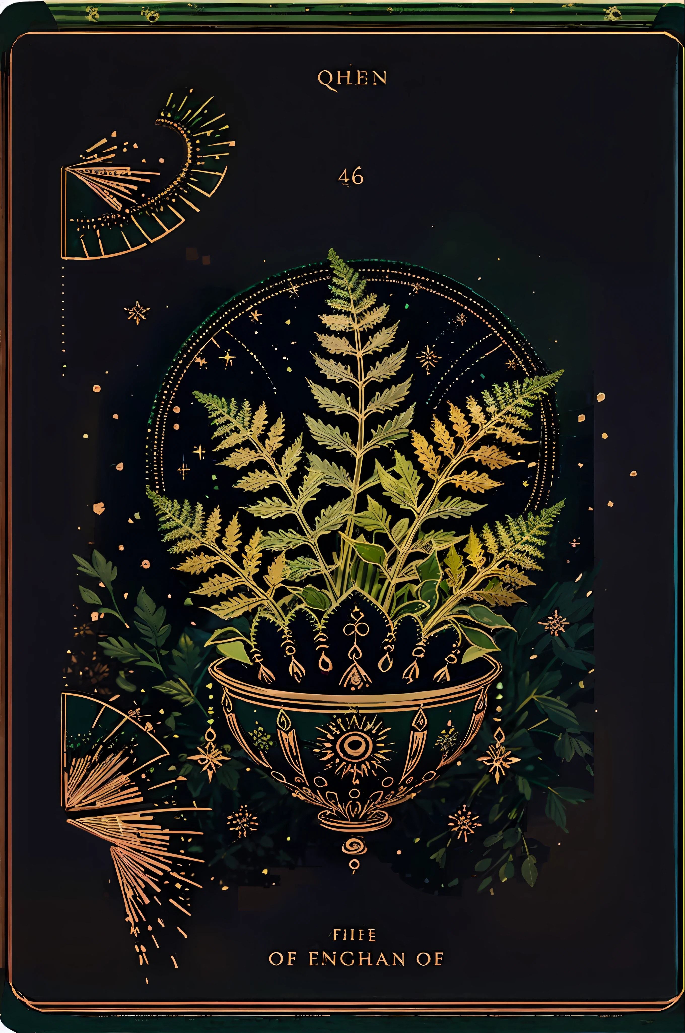 Soul card, line, ((green coloured fairytale fern)), many magic details, wonderful natural color scheme