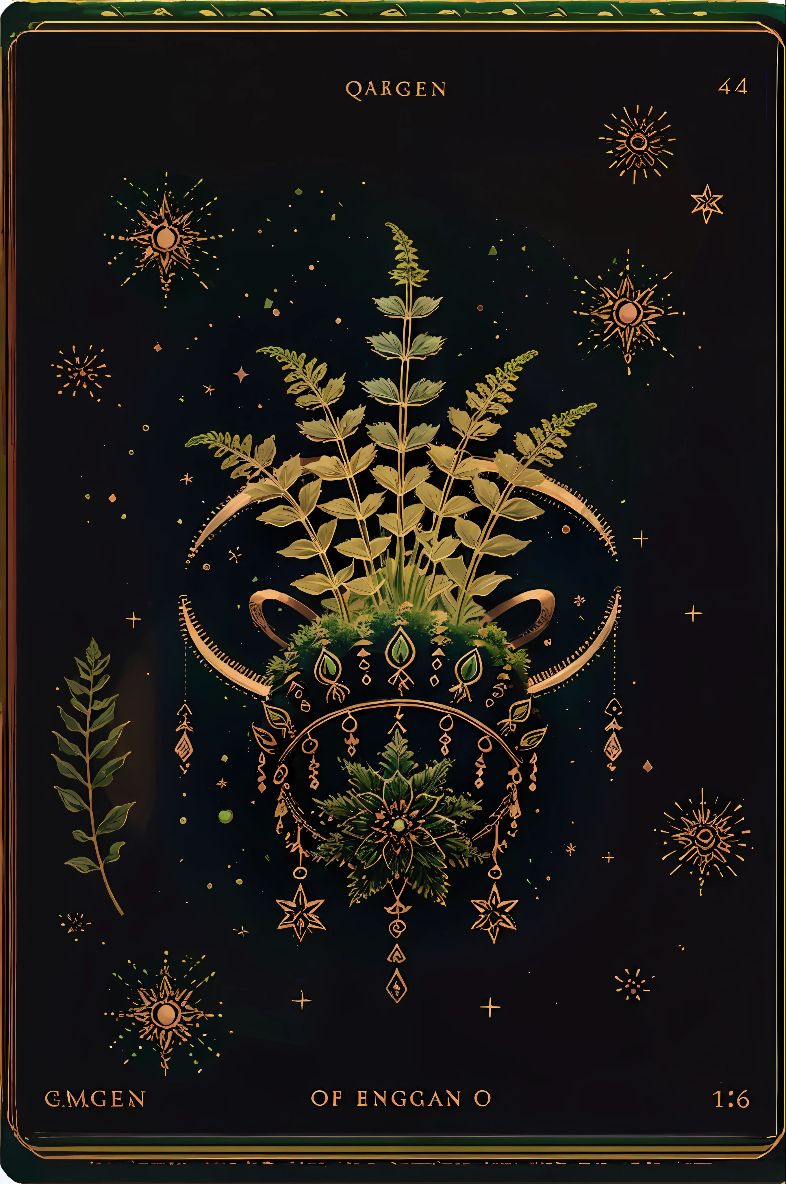 Soul card, line, ((green coloured fairytale fern)), many magic details, wonderful natural color scheme