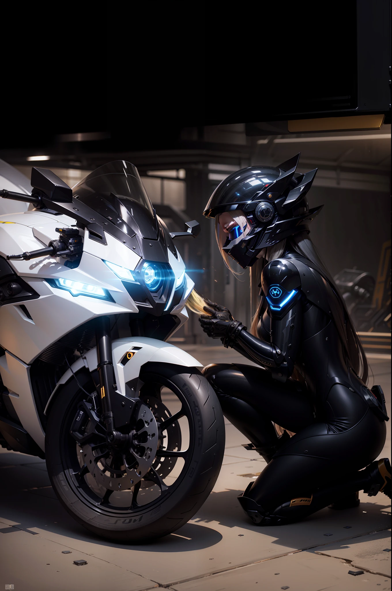 Sexy black mechanical suit long blonde hair cyber sailor holding cyber mechanical motorcycle with both hands, blond flowing long hair, black full enveloping helmet, white long hair, Nousr, biomechanics, mshn robot man, high-tech helmet, surreal, steel, intricate design, crazy details, fine details, extremely clear lines, cinematic lighting, photo realistic, detailed masterpiece