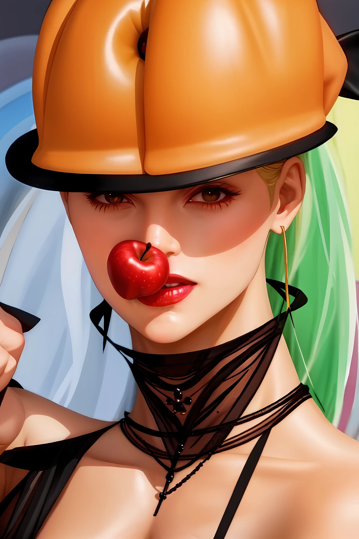 Blonde woman dressed as witch eating rotten apple