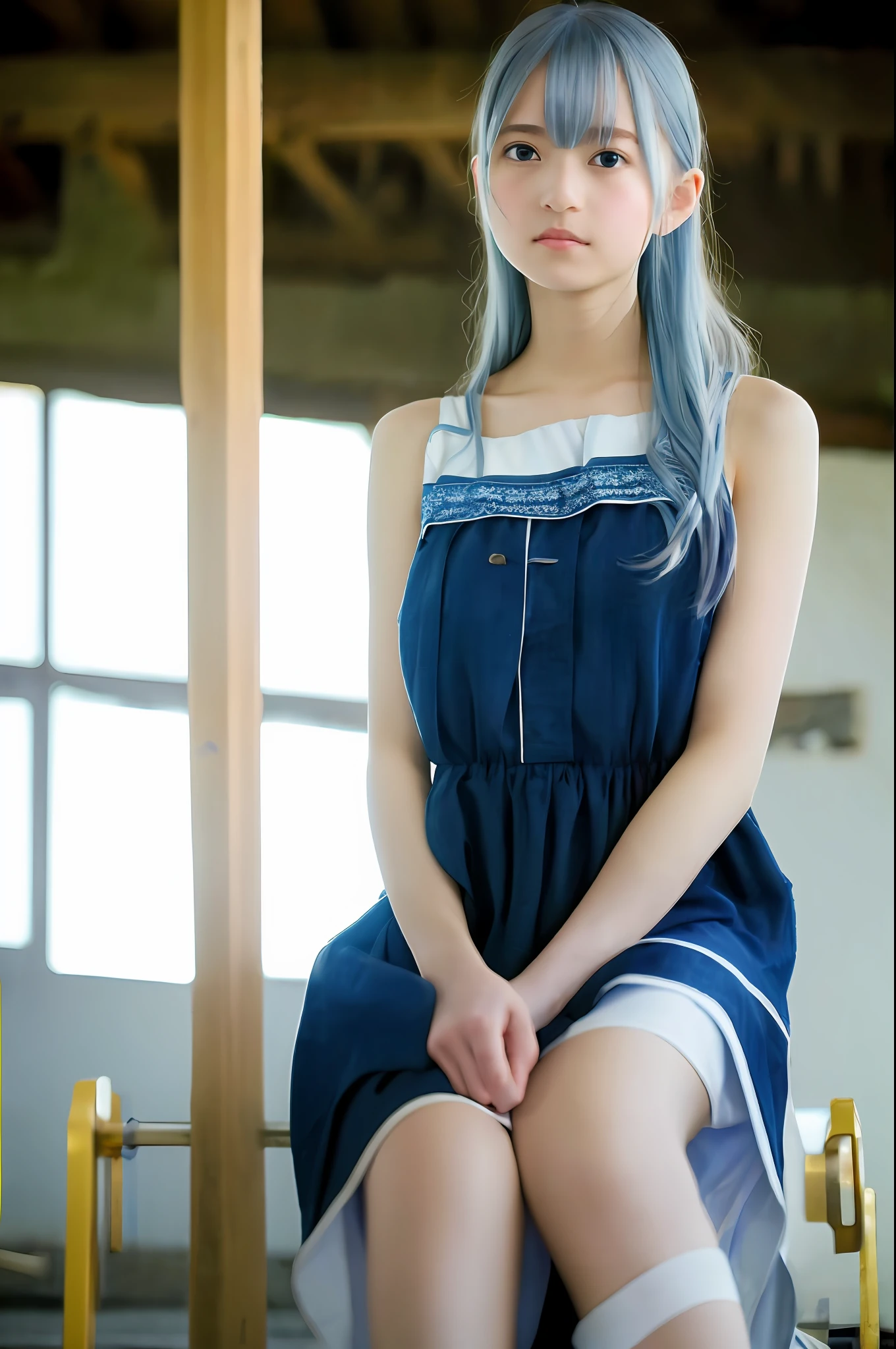 The highest quality, full body detail, golden aspect ratio, (dramatic lighting: 0.7), masterpiece, high angle photo, RAW photo (pale 14-year-old woman with bluish hair, looking at the viewer), beautiful, (wearing tattered linen underwear, shaggy), (standing on a playground), full-length portrait, perfect face, captivating eyes, vivid details, (highly detailed skin),  sfw, (blue hue: 0.6), (dirty: 0.8), (bloody: 0.7), key lighting, (backlighting: 0.5), depth of field, Canon 5D, 50mm lens, F/4 aperture, (super detail, intricate detail), sharp focus, soft colors, 8k, consciously, 8mm film grain, war photography