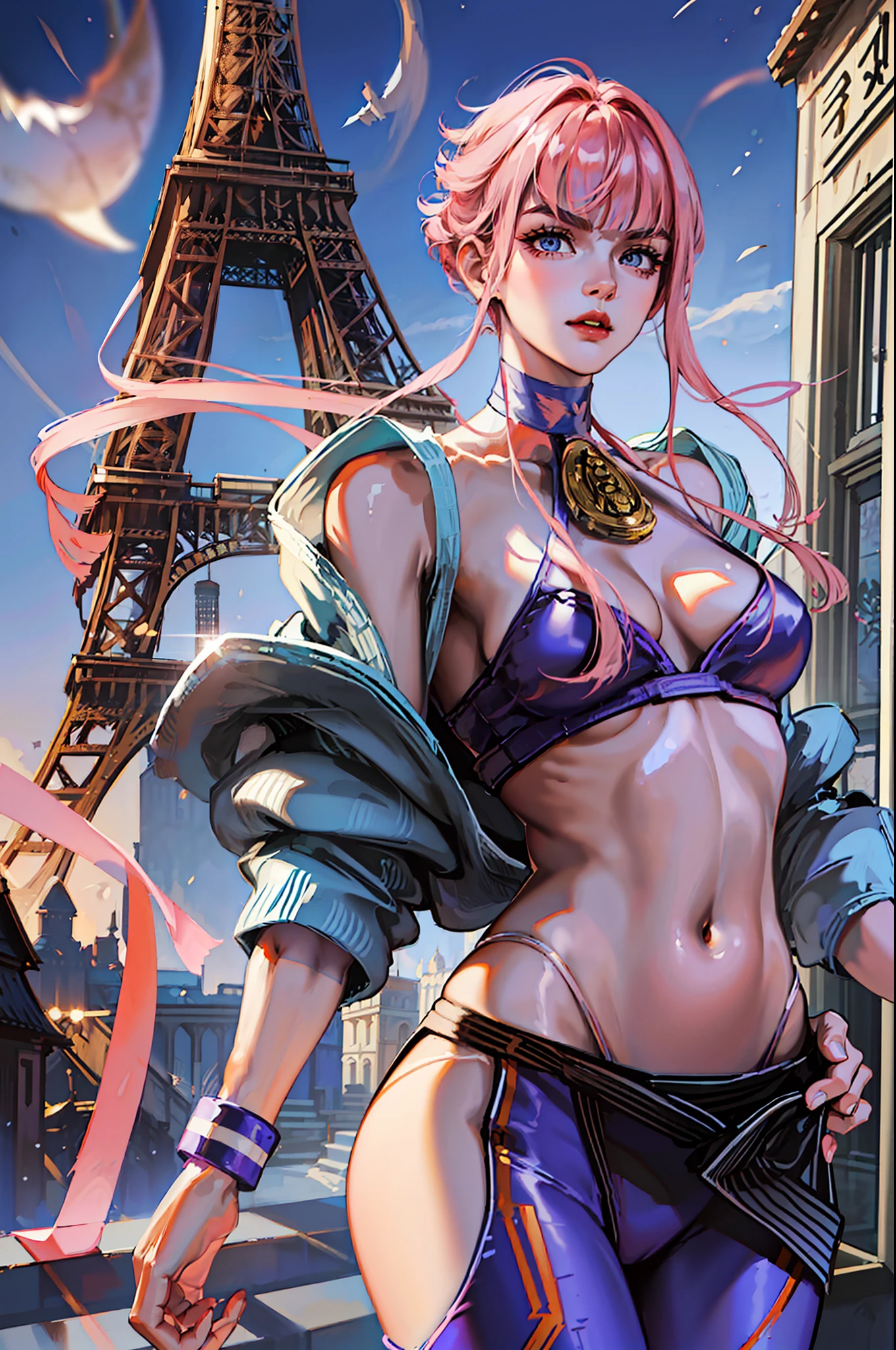 ((Best Quality, 8K, Masterpiece: 1.3)), (Fractal Art: 1.3), ((A Manon who fits the official Street Fighter 6, doing the opening action of the game)), short pink shiny hair, (Manon wearing a Street Fighter 6 costume), European Frenchman, supermodel_body, 30 years old, mature, detailed face, detailed skin texture, (long eyes: 1.2, large eyes, pronounced eyelids, long eyelashes), feminine expression, Confident expression, long legs, perfect body proportions, slim belly, (small chest small and hard), (fitness body, with obvious muscles), pink nails, perfect facial features, symmetrical face, high nose bridge, three-dimensional, full of confident eyes shining, best light, ray tracing, photon mapping, (in the distance is the Eiffel Tower in Paris, walking the red carpet in front of the palace, like a star shooting magazine, the focus of the whole scene, there are super many reporters on both sides of the red carpet to take photos, night, night, lively lights), official illustration, game character CG, (Detailed modeling, texture of clothes), (Shooting with a DSLR camera from a distance, shooting angle from top to bottom), complex reflections, the blingbling golden and sliver glitter on the body: 1.6, shiny powder shining because of reflection Very dazzling)