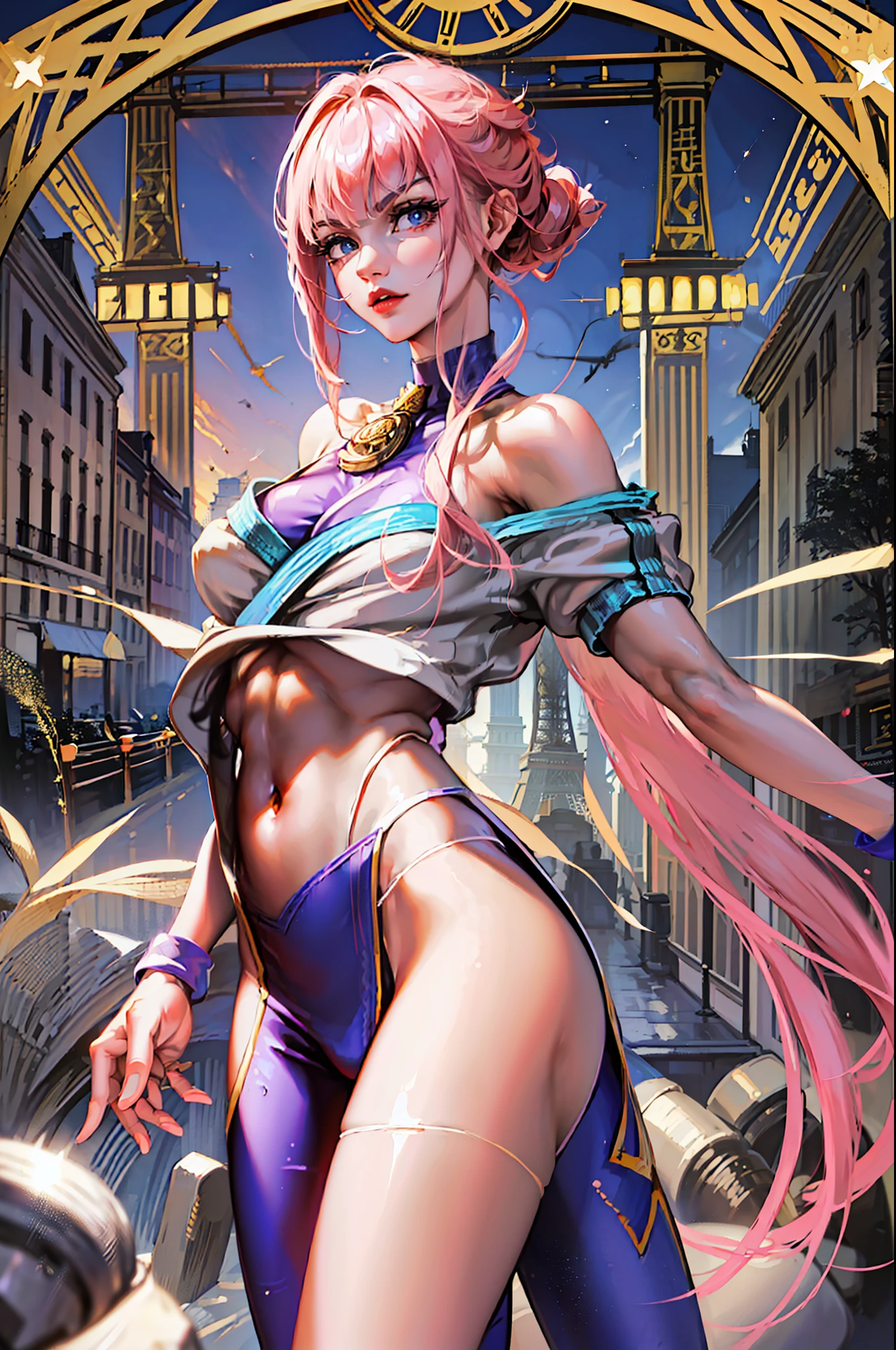 ((Best Quality, 8K, Masterpiece: 1.3)), (Fractal Art: 1.3), ((A Manon who fits the official Street Fighter 6, doing the opening action of the game)), short pink shiny hair, (Manon wearing a Street Fighter 6 costume), European Frenchman, supermodel_body, 30 years old, mature, detailed face, detailed skin texture, (long eyes: 1.2, large eyes, pronounced eyelids, long eyelashes), feminine expression, Confident expression, long legs, perfect body proportions, slim belly, (small chest small and hard), (fitness body, with obvious muscles), pink nails, perfect facial features, symmetrical face, high nose bridge, three-dimensional, full of confident eyes shining, best light, ray tracing, photon mapping, (in the distance is the Eiffel Tower in Paris, walking the red carpet in front of the palace, like a star shooting magazine, the focus of the whole scene, there are super many reporters on both sides of the red carpet to take photos, night, night, lively lights), official illustration, game character CG, (Detailed modeling, texture of clothes), (Shooting with a DSLR camera from a distance, shooting angle from top to bottom), complex reflections, the blingbling golden and sliver glitter on the body: 1.6, shiny powder shining because of reflection Very dazzling)