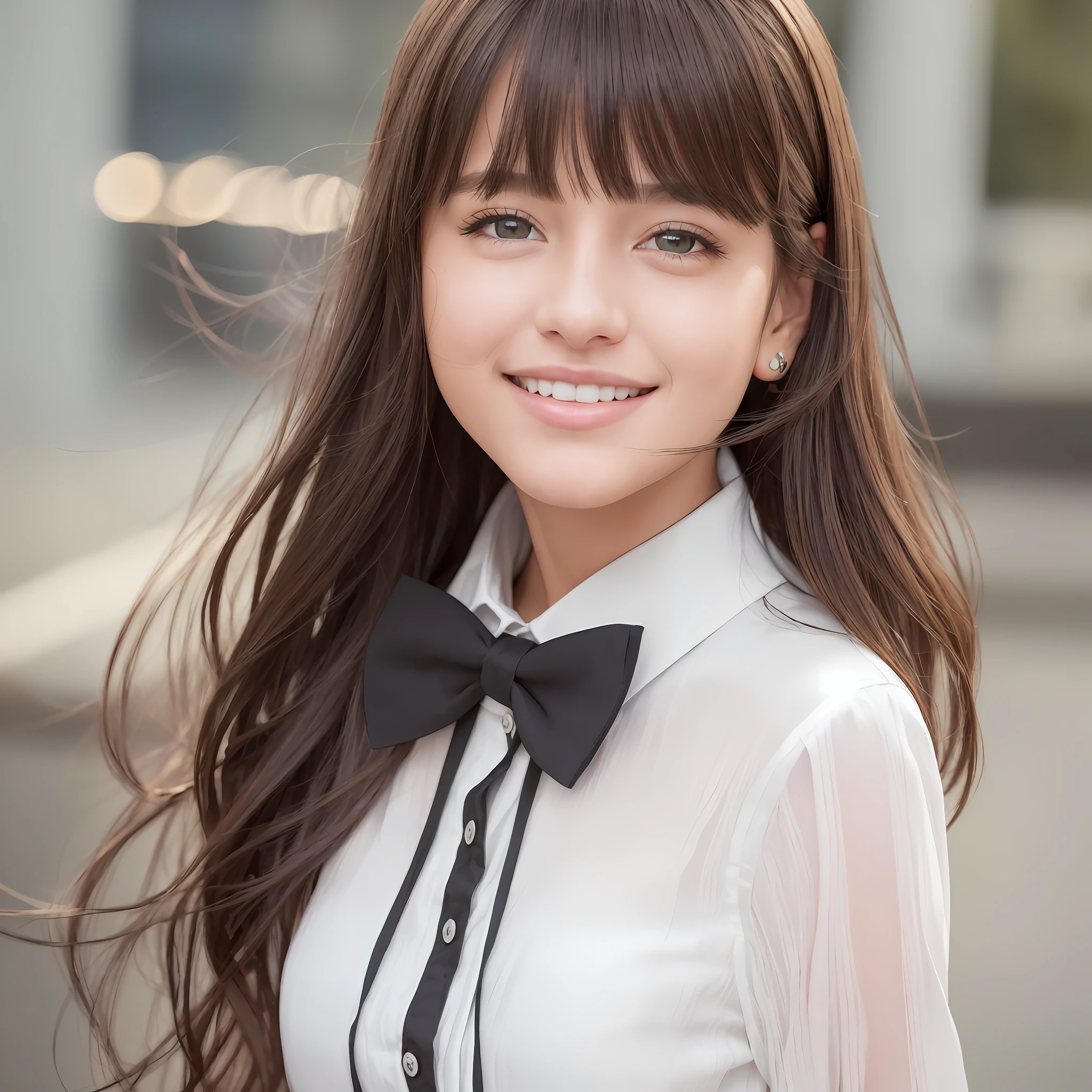 (RAW photo, best quality), (realistic, photo-realistic:1.2), a portrait photo, 1girl, shopping mall rooftop cafe, outdoor, smile, (high detailed skin:1.4), puffy eyes, gorgeous hair, air bangs, brown black hair, white opaque shirt with bow tie, pure color pleated skirt, soft lighting, high quality, skin spots, --auto --s2
