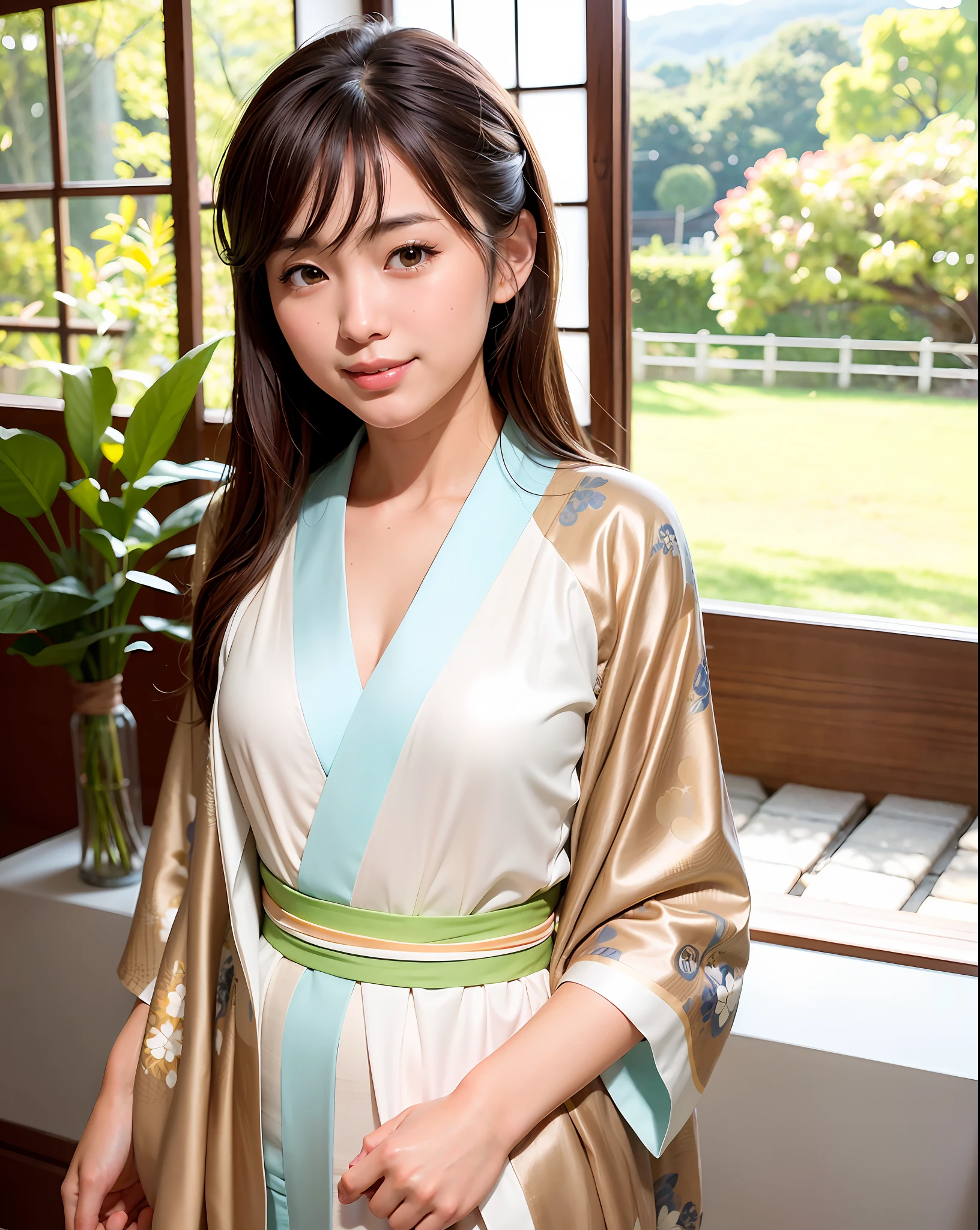 best quality, face focus, (depth of field) ,ultra high res, (photorealistic:1.4), RAW photo, Japanese-style room, alcove, hanging scroll
(portrait:1.4)
1japanese girl, solo, cute, smile, (brown eyes), natural face, (midi hair), 
(kimono:1.5)