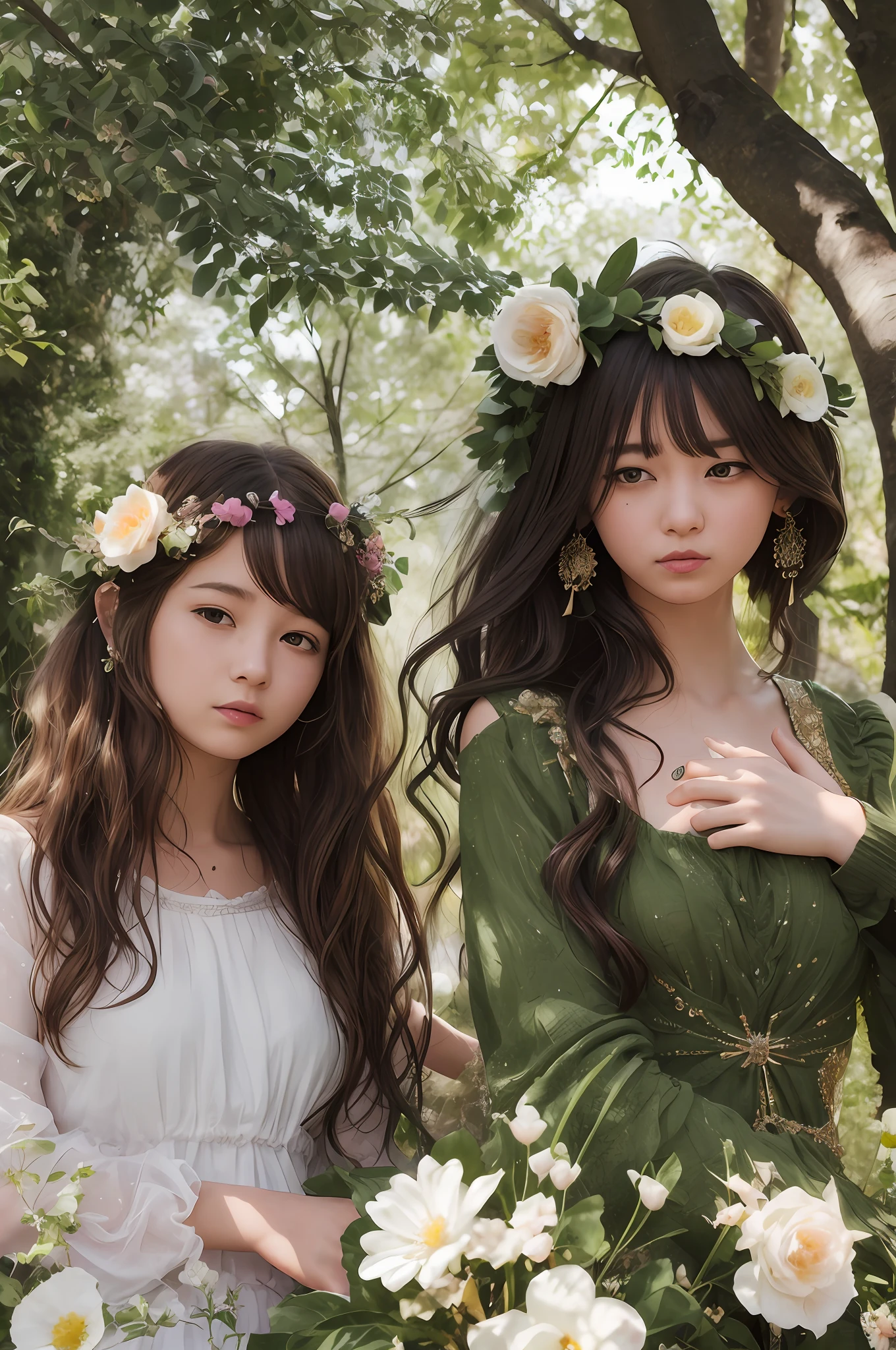 a pair of two girls are posing for a picture that is taken with the help of a tree, multiple girls, 2girls, flower, jewelry, hair ornament, hair flower, long hair, hug, dress, closed eyes, brown eyes, earrings, brown hair, head wreath, white dress