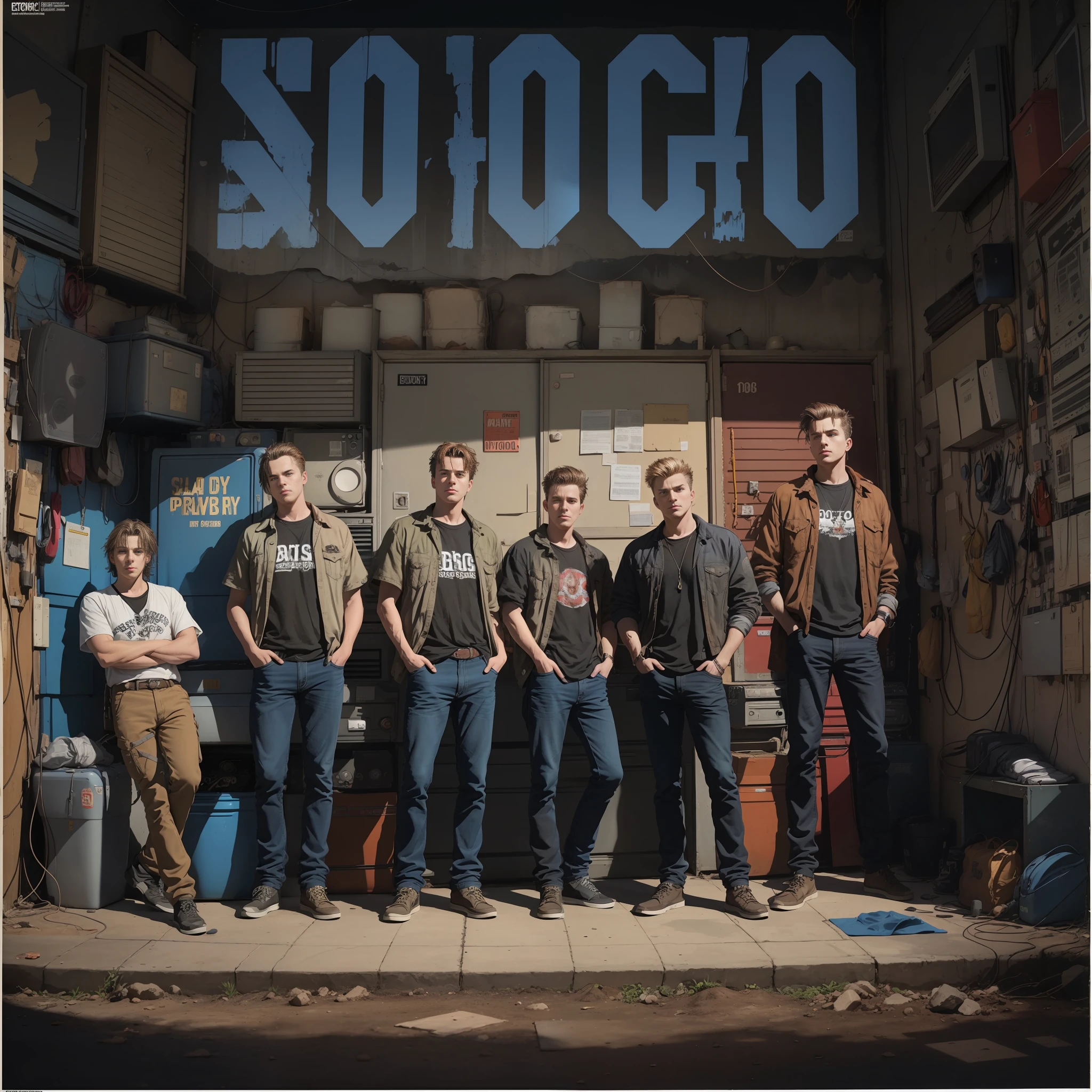 #SOD#"Cover art for a musical rock album on the theme of a male garage band of older teenagers in a setting of the 1990s in the United States, with a corporate identity and a rich color palette."
#EOD#