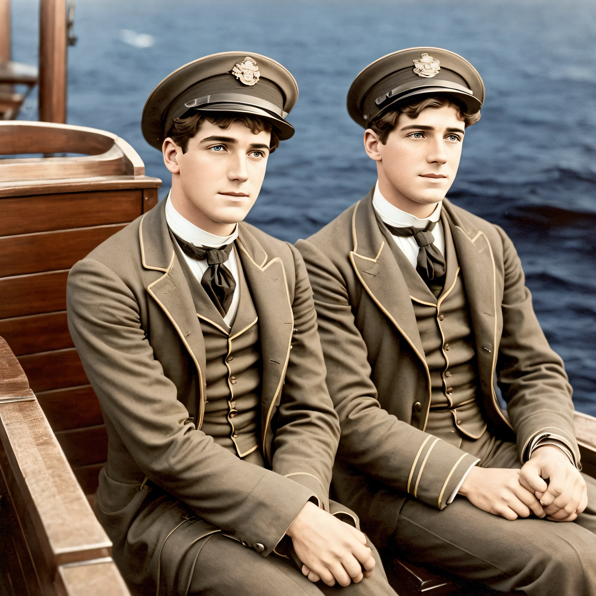 Two young male passengers of the third class on the ship Titanic, on deck, 8K, hyper-realistic, suffered accident --auto --s2
