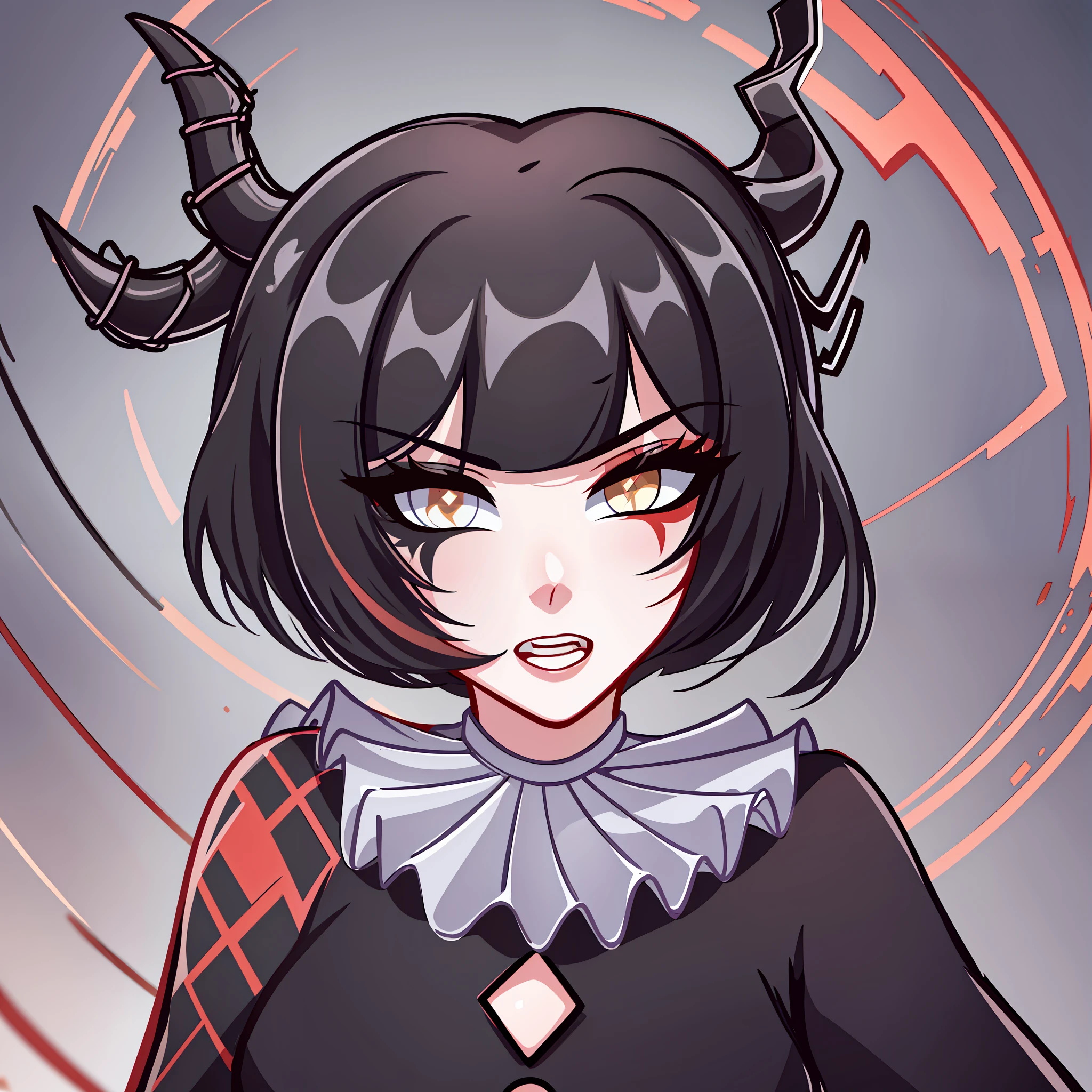 Best quality: 1.0), (Super High Resolution: 1.0), extremely detailed character, detailed hands, half-dragon girl, horns, scales on neck, scales on shoulders, scales on forearm, scales on cheek, extremely detailed black dragon tail, extremely detailed hair, short hair, white hair, black locks, extremely detailed eyes, yellow eyes, dragon eyes, 2d, tomboy girl, anime art, yin-yang symbol in the background of the image half blurred, ((prey))