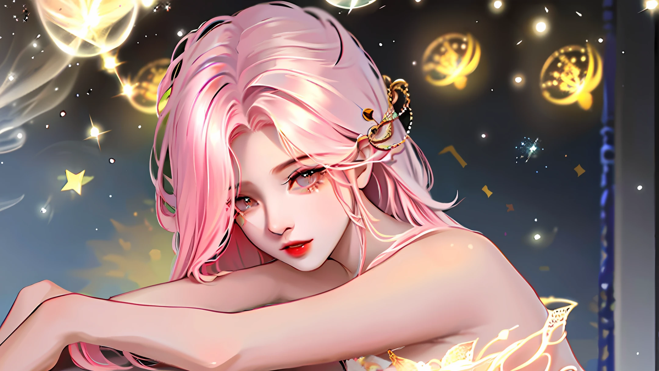 First love, fair skin, slender body, delicate appearance, loose hair, a small clip of a cat, eyes like stars, like a god-like girl