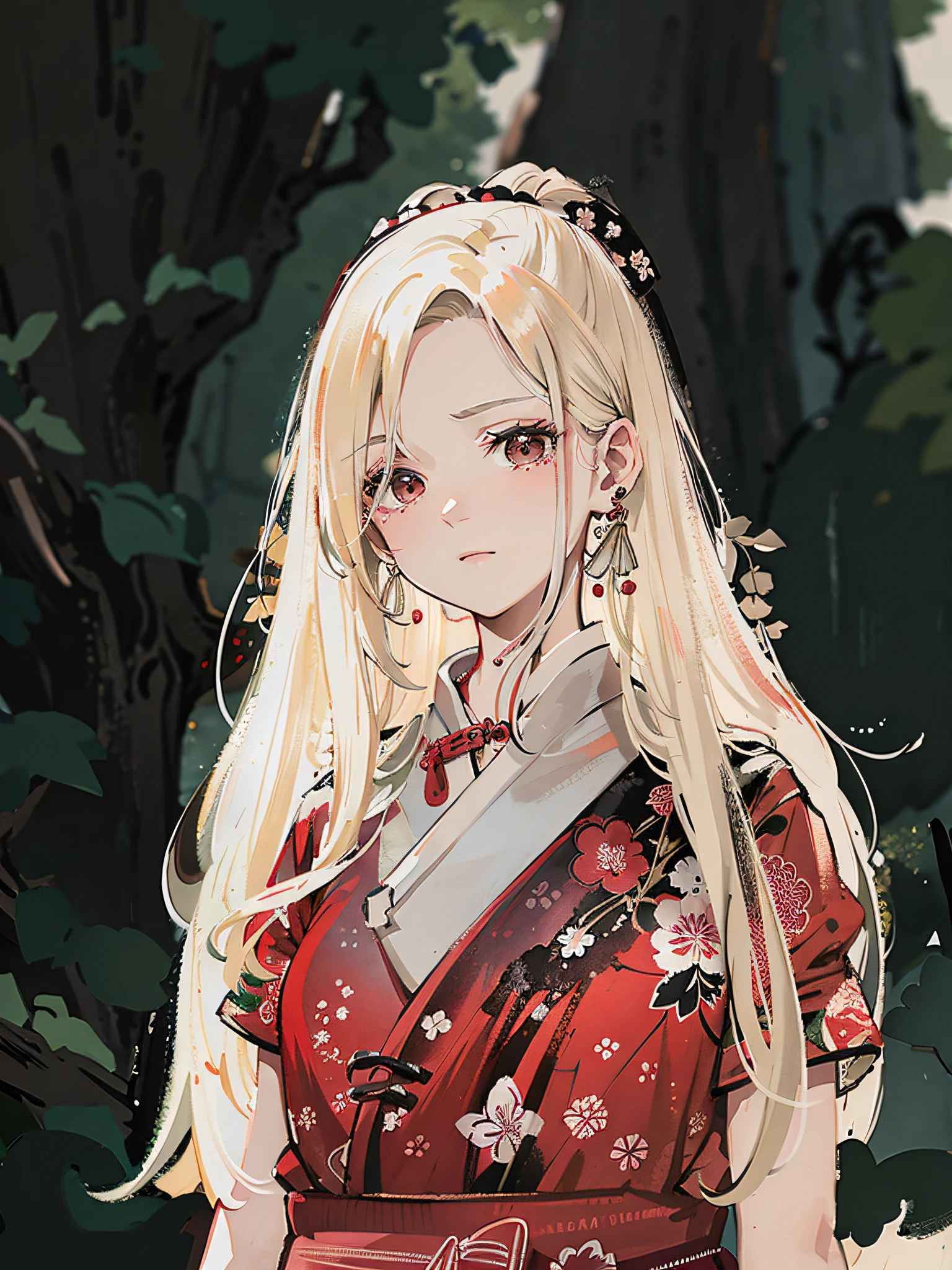 HD, (Best Detail) (Best Quality), long-haired blonde woman in red floral dress, ink painting, (Chinese style), detailed and delicate face, serafuku