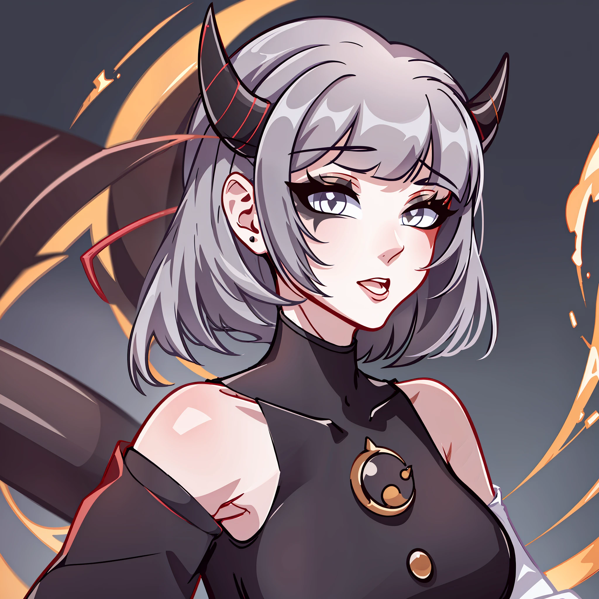 Best quality: 1.0), (Super High Resolution: 1.0), extremely detailed character, detailed hands, half-dragon girl, horns, scales on neck, scales on shoulders, scales on forearm, scales on cheek, extremely detailed black dragon tail, extremely detailed hair, short hair, white hair, black locks, extremely detailed eyes, yellow eyes, dragon eyes, 2d, tomboy girl, anime art, yin-yang symbol in the background of the image half blurred, ((prey))