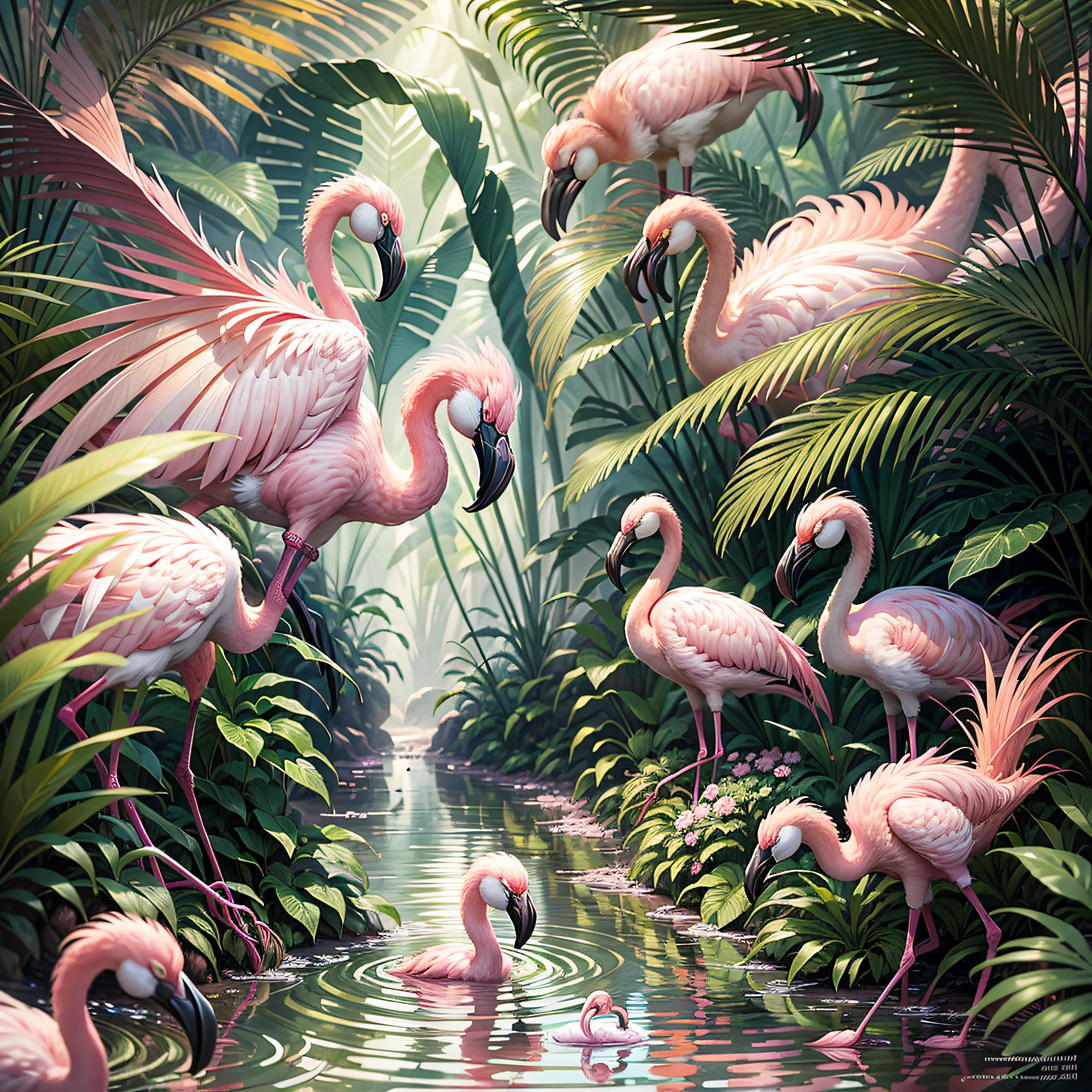 poster of a film, professional photography, digital illustration, detailed and intricate, heavy rains, dense jungle and full of flamingos in a tropical setting and flowers, flamingos, flamingos, sunlight filtering through the canopy creating a magical effect, In the style of Yoshitaka, hildebrandt, by Brian Thomas, flamingo, tropical birds, by David B. Mattingly, portrait of a pink gang,  kiss, amazing art, jim warren, john banovich, highly detailed oil painting, family portrait, by Joop Sanders, camaraderie, artstation, trend in artstation, intricate realistic, great shooting, cinematic composition, 8k wallpaper, hdr, chromatic aberration, CGsociety trend, volumetric lighting