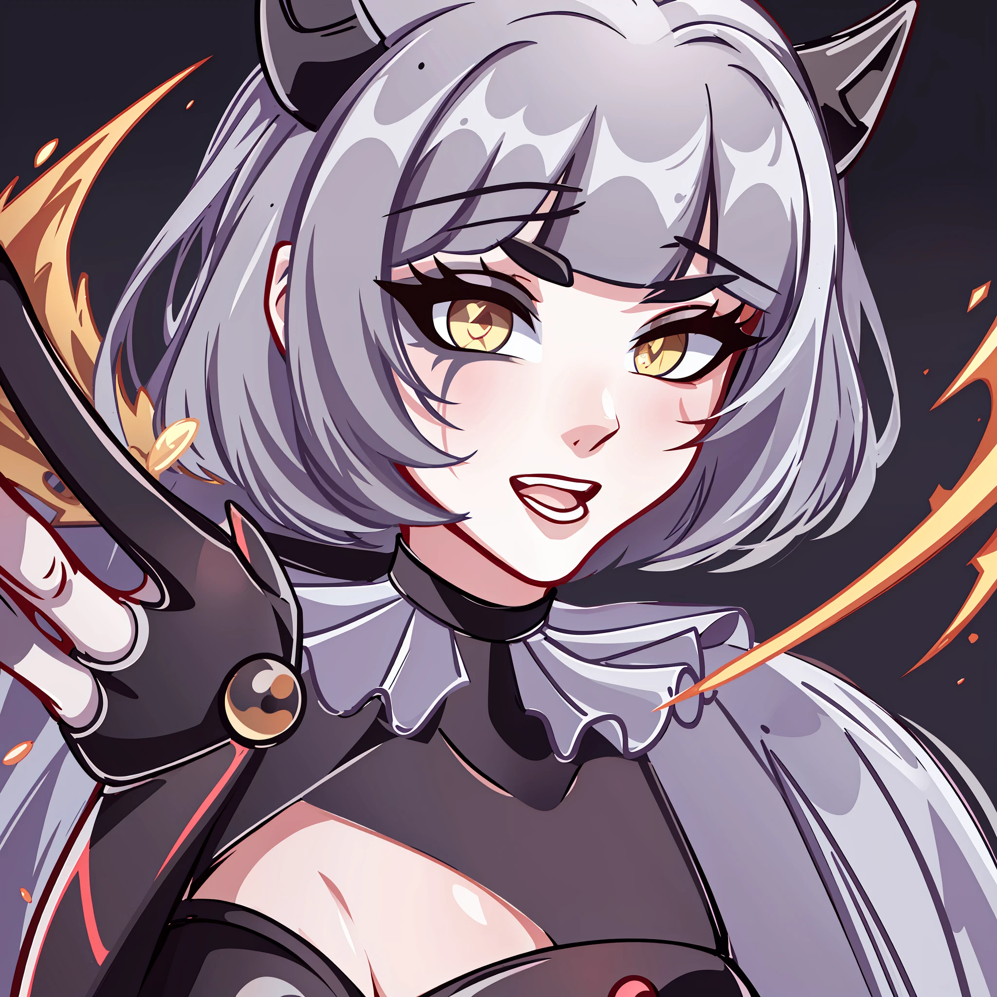 Best quality: 1.0), (Super High Resolution: 1.0), extremely detailed character, detailed hands, half-dragon girl, horns, scales on neck, scales on shoulders, scales on forearm, scales on cheek, extremely detailed black dragon tail, extremely detailed hair, short hair, white hair, black locks, extremely detailed eyes, yellow eyes, dragon eyes, 2d, tomboy girl, anime art, yin-yang symbol in the background of the image half blurred, ((prey))