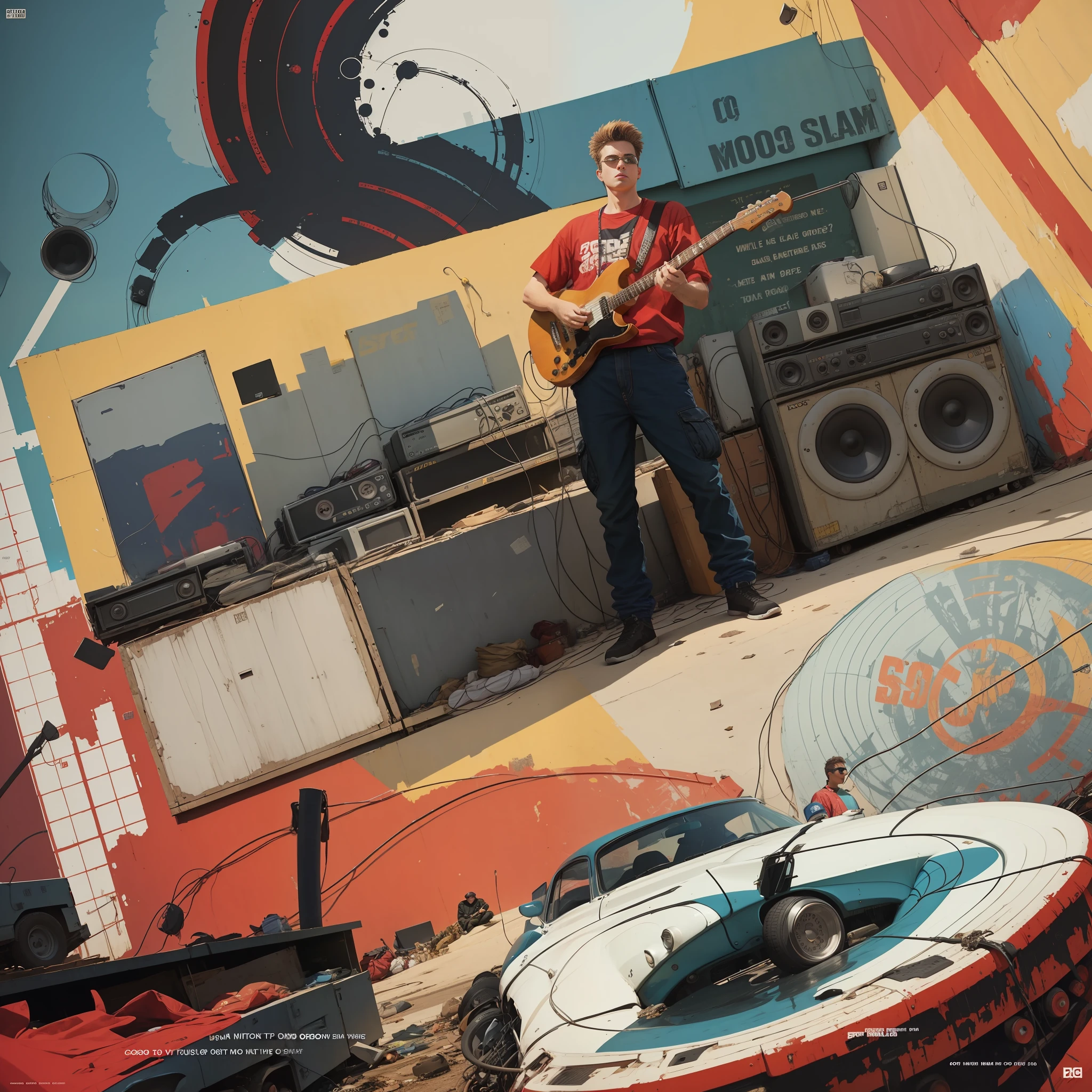#SOD#"Cover art for a music album on the theme of a male garage band of older agers in a setting of the 1990s in the United States, with a corporate identity and a rich color palette."
#EOD#