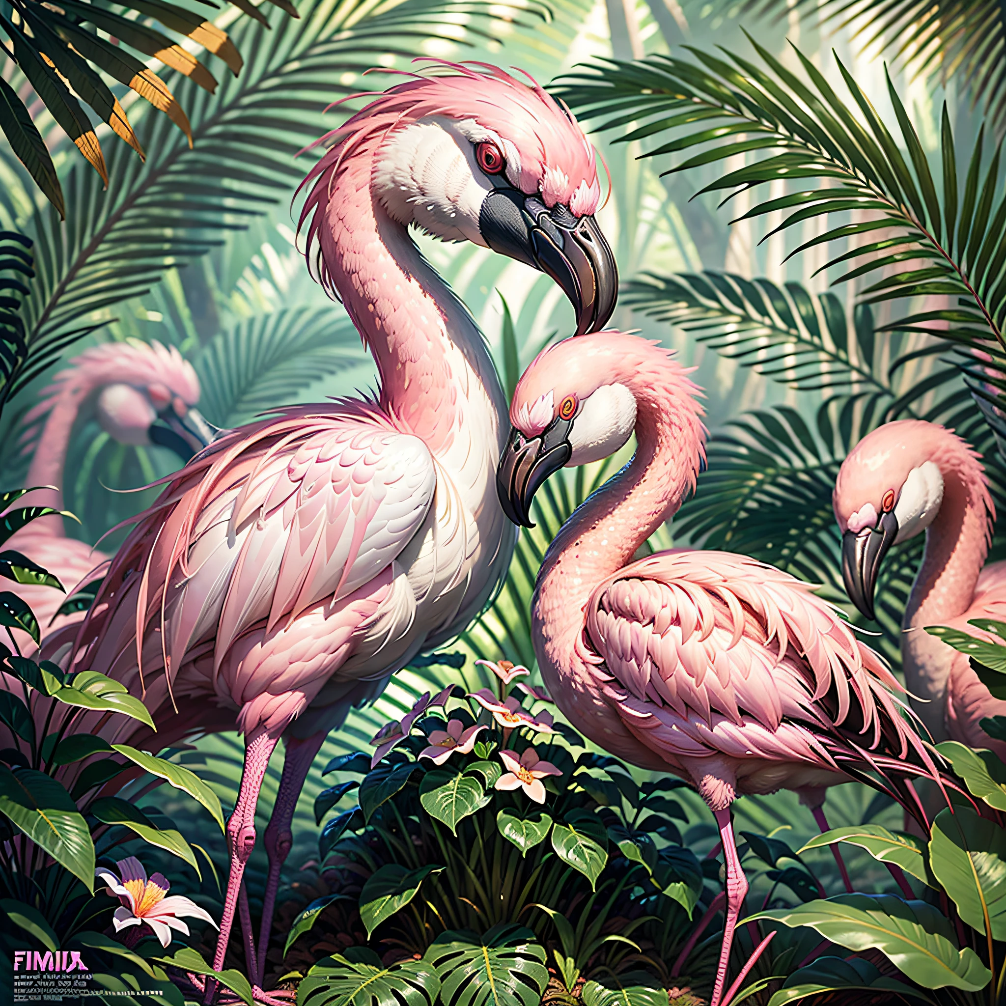 poster of a film, professional photography, digital illustration, detailed and intricate, heavy rains, dense jungle and full of flamingos in a tropical setting and flowers, flamingos, flamingos, sunlight filtering through the canopy creating a magical effect, In the style of Yoshitaka, hildebrandt, by Brian Thomas, flamingo, tropical birds, by David B. Mattingly, portrait of a pink gang,  kiss, amazing art, jim warren, john banovich, highly detailed oil painting, family portrait, by Joop Sanders, camaraderie, artstation, trend in artstation, intricate realistic, great shooting, cinematic composition, 8k wallpaper, hdr, chromatic aberration, CGsociety trend, volumetric lighting