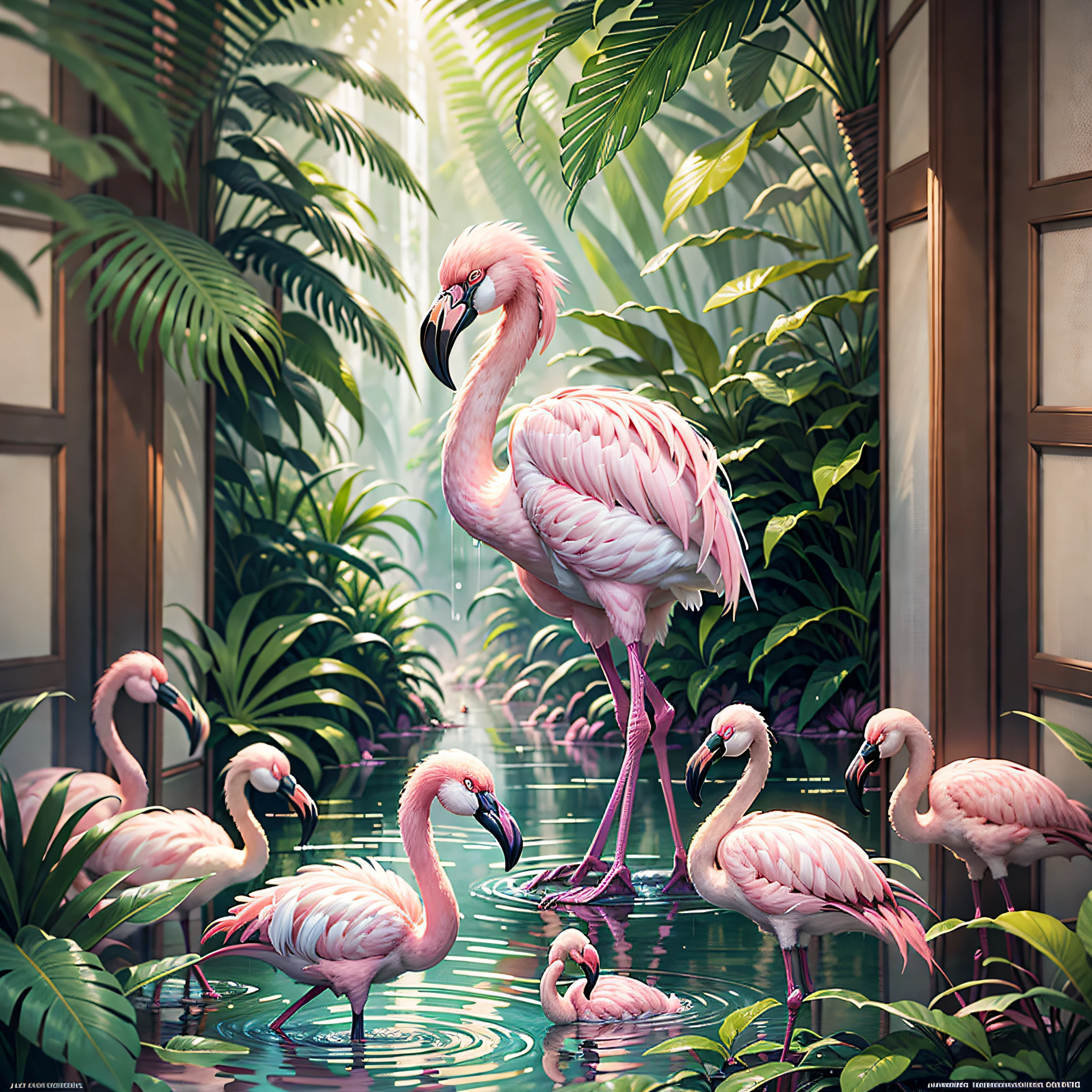 poster of a film, professional photography, digital illustration, detailed and intricate, heavy rains, dense jungle and full of flamingos in a tropical setting and flowers, flamingos, flamingos, sunlight filtering through the canopy creating a magical effect, In the style of Yoshitaka, hildebrandt, by Brian Thomas, flamingo, tropical birds, by David B. Mattingly, portrait of a pink gang, kiss, amazing art, jim warren, john banovich, highly detailed oil painting, family portrait, by Joop Sanders, camaraderie, artstation, trend in artstation, intricate realistic, great shooting, cinematic composition, 8k wallpaper, hdr, chromatic aberration, CGsociety trend, volumetric lighting