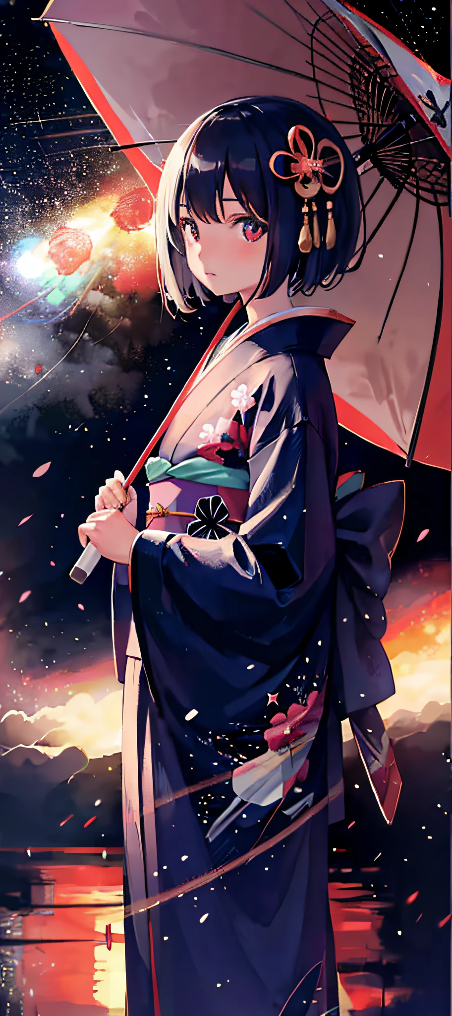 1girl, distant girl wearing a kimono looking at the umbrella stars, (zoom out:1.1), (meteor shower:1.2), (comet:1.1), her name, low angle, behind, boreal aroura, shooting star, yukata, red kimono, cherry blossoms, standing in a field, best quality, masterpiece, cloud, black and white, monochrome, starry, stars,