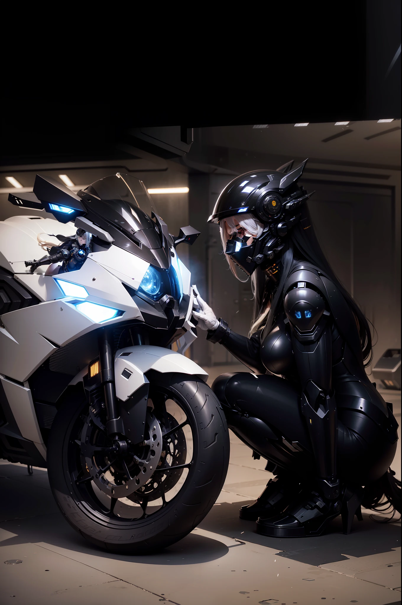 Sexy black mechanical suit for long blonde Sailor and Cyber Mechanical Motorcycle, blond flowing long hair, black full enveloping helmet, long white hair, Nousr, biomechanics, MSHN robot man, high-tech helmet, surreal, steel, intricate design, crazy details, fine details, extremely clear lines, cinematic lighting, photo realisticity, detailed masterpiece