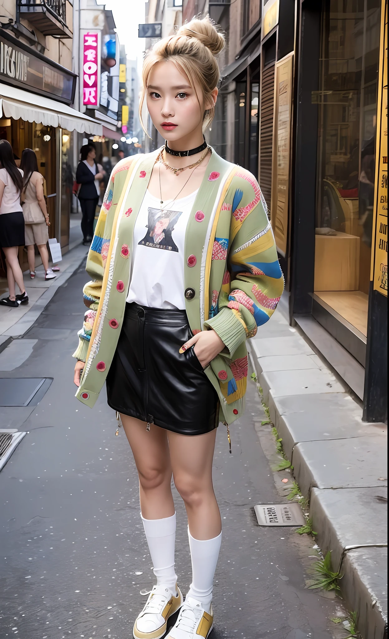 The scenery is a street lined with clothes stores. Meanwhile, a young girl is standing. She is fully coordinated in a Vivienne Westwood garment. On their feet, they wear short socks and leather shoes with thick soles. She wears a Vivienne Westwood orb necklace around her neck. The chest is large. Her hairstyle is blonde bun hair. The girl looks around with an inquisitive expression. With details that are exquisitely reproduced down to the smallest detail, please express her expression and even the texture of the fabric of the clothes. In the highest quality, draw a full-length picture of her as a fashionable, fashion snap model.