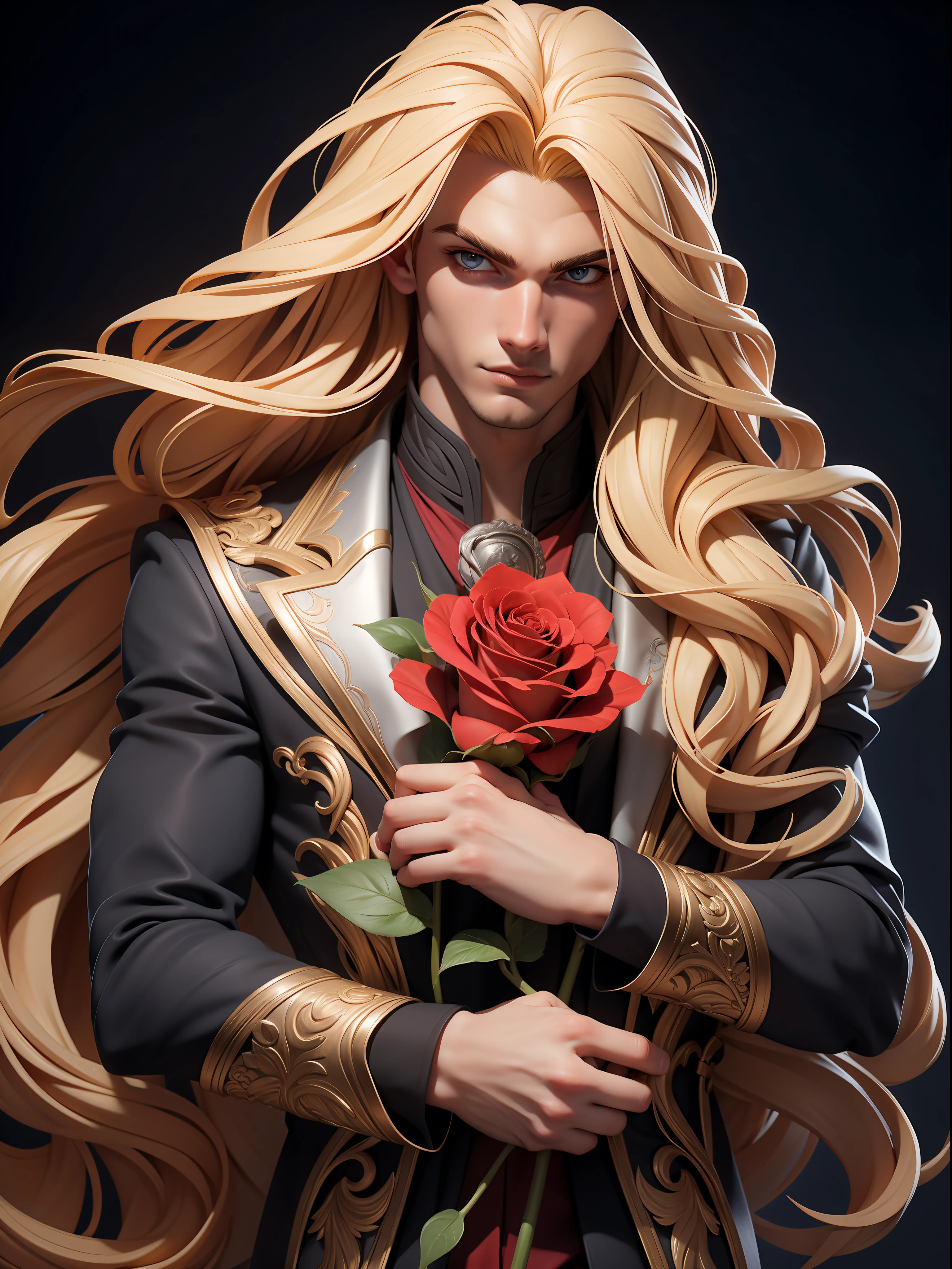 young man with beautiful long blonde hair, holding a red rose, detailed face, detailed fingers, Silver vest