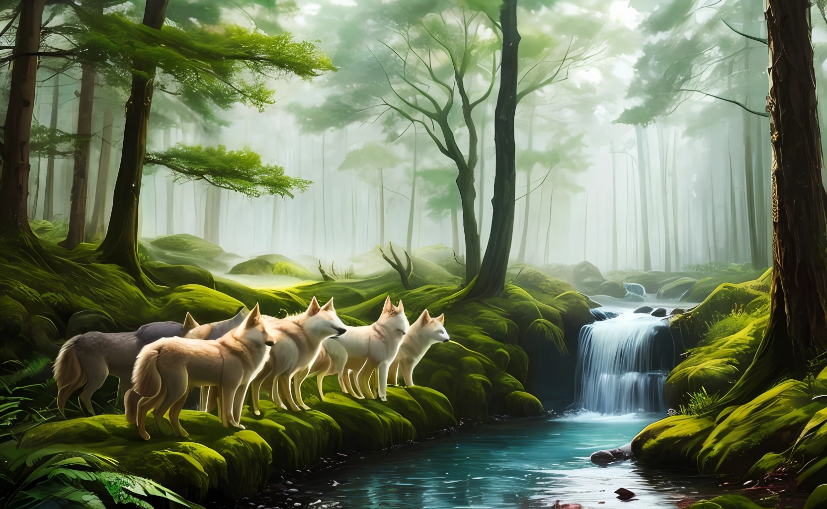 A maiden who grew up in a wolf pack, masterpiece, exquisite, primeval forest, picture ratio 1:1