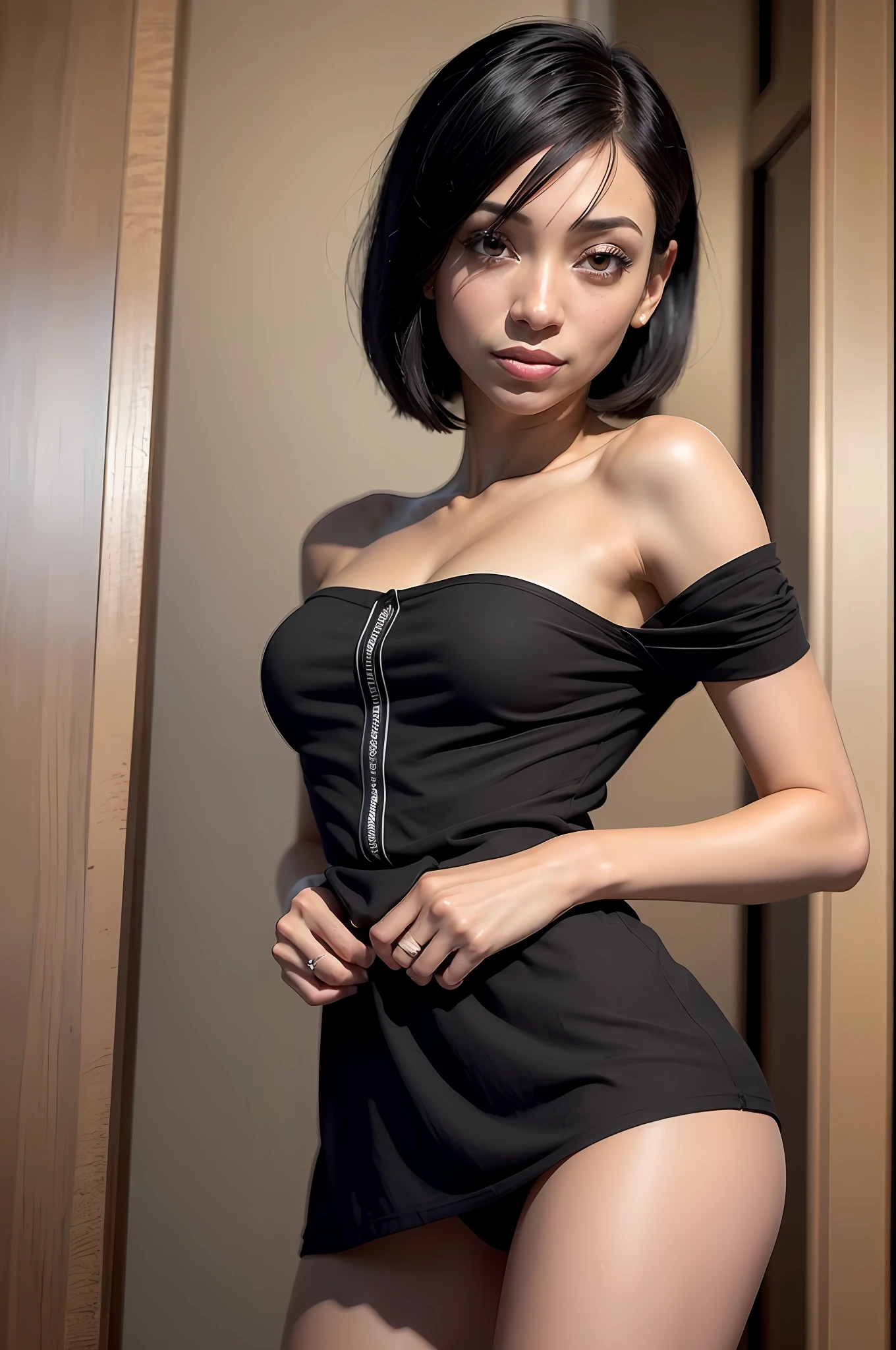 (((Tamara Taylor))), (a very tall slender woman with long legs standing in the hotel room door), ((tall slender figure)), ((hairstyle bob)), ((barefoot)), ((short straight black hair)), (narrow pelvis), (small round breasts), big brown eyes, ((small head)), ((evening mood)), she smiles, (((She wears an elegant black cotton dress))), (cotton dress), (photorealistic:1.2), (best quality), (intricate details), 8K, (high poly), (ray tracing), (Cinema Lighting), (Sharp Focus), (Detailed Face:1.3), Natural and Realistic Skin Textures, Soft Face, ((Upskirt))
