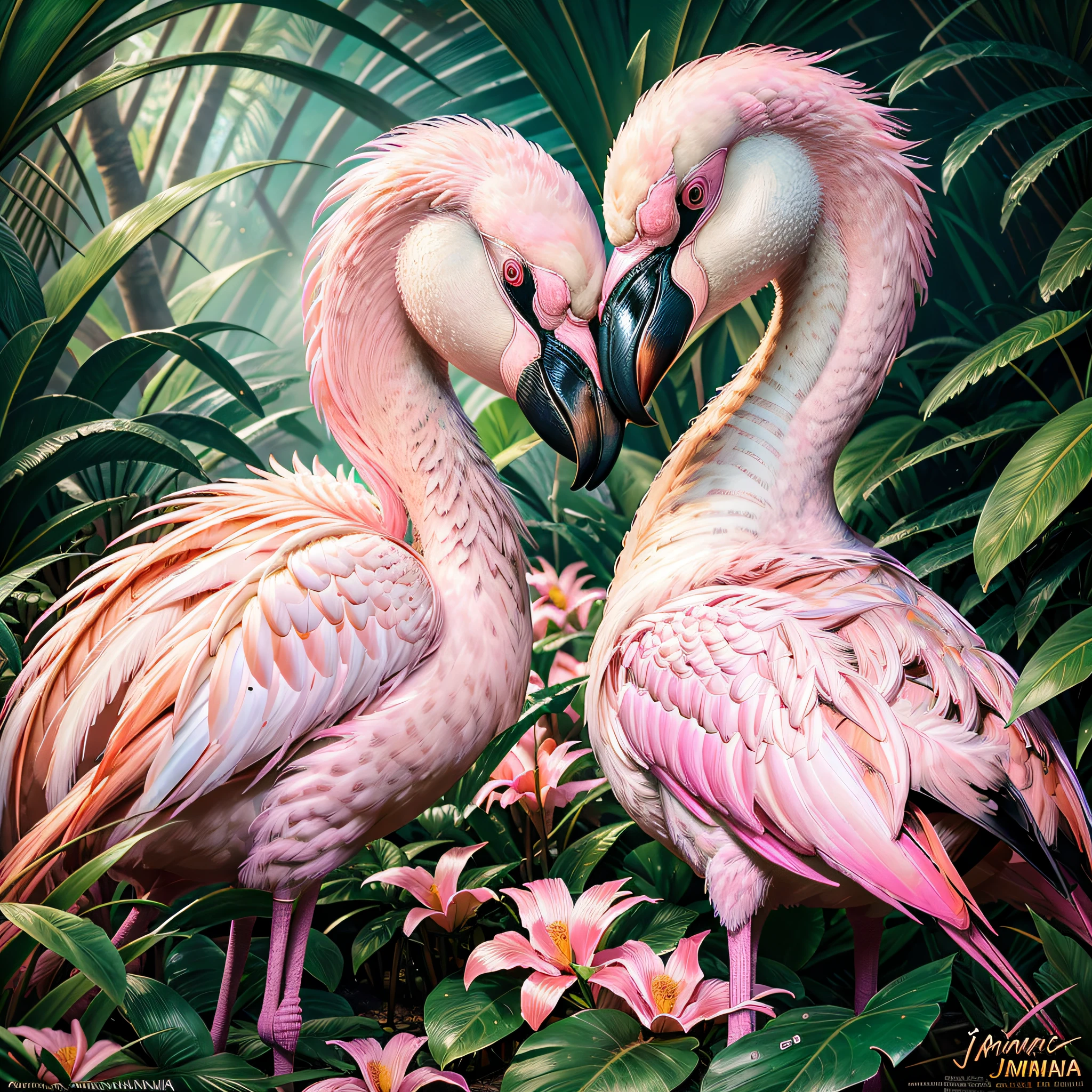 poster of a film, professional photography, digital illustration, detailed and intricate, heavy rains, dense jungle and full of flamingos in a tropical setting and flowers, flamingos, flamingos, sunlight filtering through the canopy creating a magical effect, In the style of Yoshitaka, hildebrandt, by Brian Thomas, flamingo, tropical birds, by David B. Mattingly, portrait of a pink gang, kiss, amazing art, jim warren, john banovich, highly detailed oil painting, family portrait, by Joop Sanders, camaraderie, artstation, trend in artstation, intricate realistic, great shooting, cinematic composition, 8k wallpaper, hdr, chromatic aberration, CGsociety trend, volumetric lighting