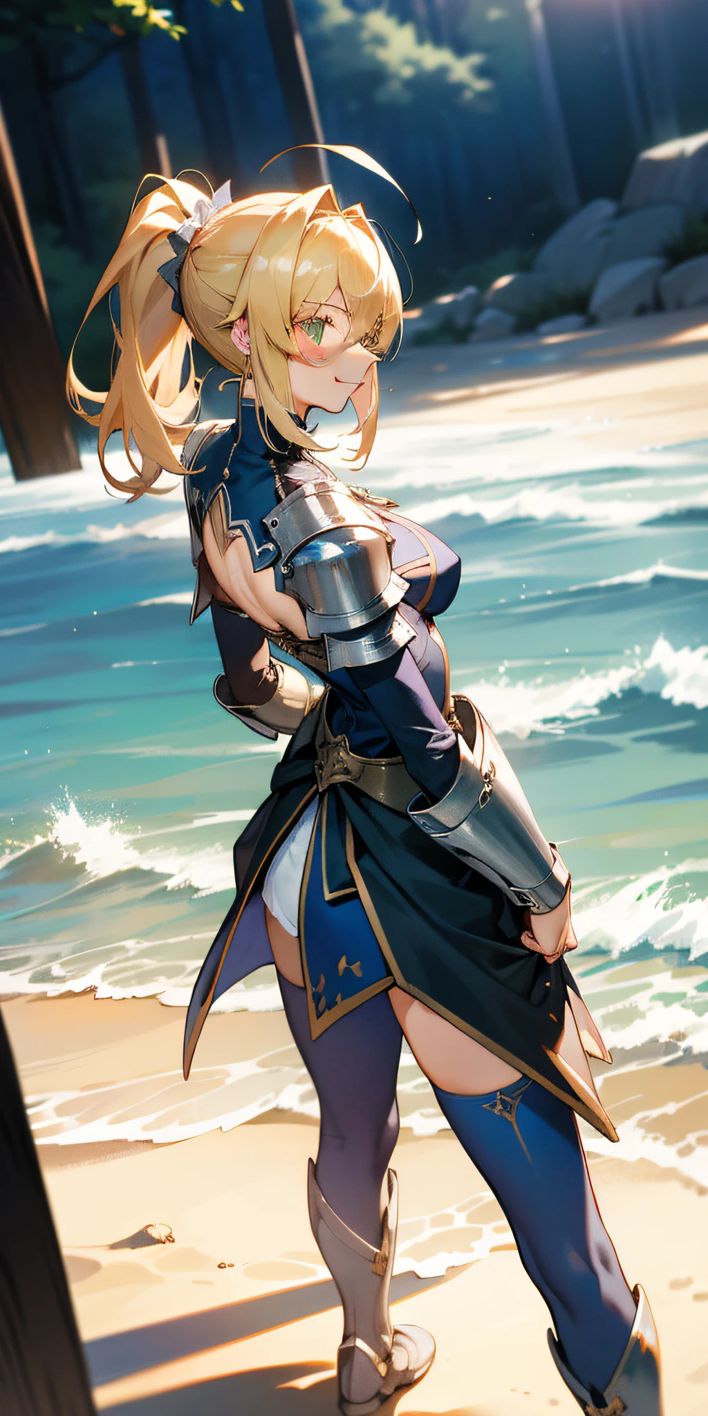 Artoria Pendragon \ (Destiny), sun, sand, masterpiece, best quality, high resolution, super detailed, art book, anime coloring, CG, illustration, fantasy, 1 girl, solo, blood, male focus, looking at the audience, attorian pendragon \ (destiny), armor, chest exposed, thighs exposed, detailed beautiful face and eyes, hands behind back, body leaning forward, back perspective, mild sunlight ,warm environment, capable slender figure, big breasts ,dexterous dynamic masterpiece, best quality, High resolution, super detailed, 1 girl, solo, blonde, sideburns, ponytail, ahoge, green eyes, portrait, standing, looking at the audience, sweat, giggling, rolling eyes, blushing, sticking out tongue, summer, beach, sun