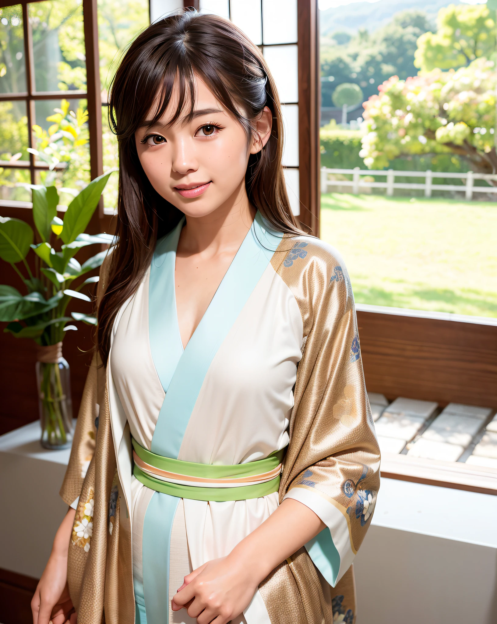best quality, face focus, (depth of field) ,ultra high res, (photorealistic:1.4), RAW photo, Japanese-style room, alcove, hanging scroll
(portrait:1.4)
1japanese girl, solo, cute, smile, (brown eyes), natural face, (midi hair),
(kimono:1.5)