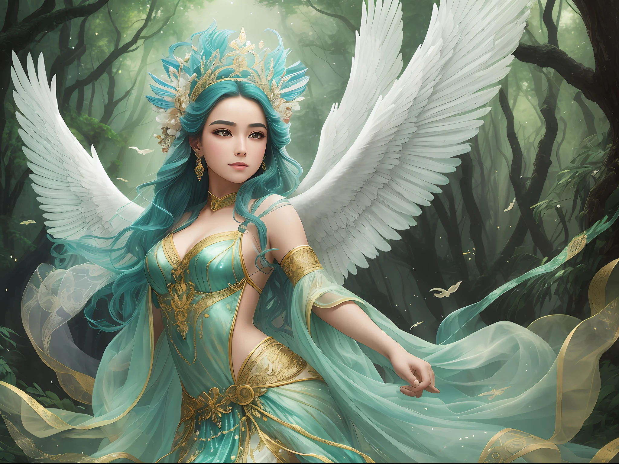 A color photo of a dance performance, featuring a beautiful angelic face that appears highly realistic, set against a backdrop of the mystical forest near the Cloud Palace and the Jade Pool in the Heavenly Kingdom. The dancer is wearing an elegant and flowing costume, with long trailing sleeves that resemble feathered wings. The dancer's movements are graceful and fluid, as if she is gliding through the air. The atmosphere is enchanting and ethereal, with the mystical sound of the celestial music filling the air. The photo utilizes specific camera settings, including a particular camera model, film type, and lens techniques. A collaboration of creative professionals from various fields will work together to uniquely capture the beauty and magic of the dance. —c 10 —ar 2:3 --auto --s2