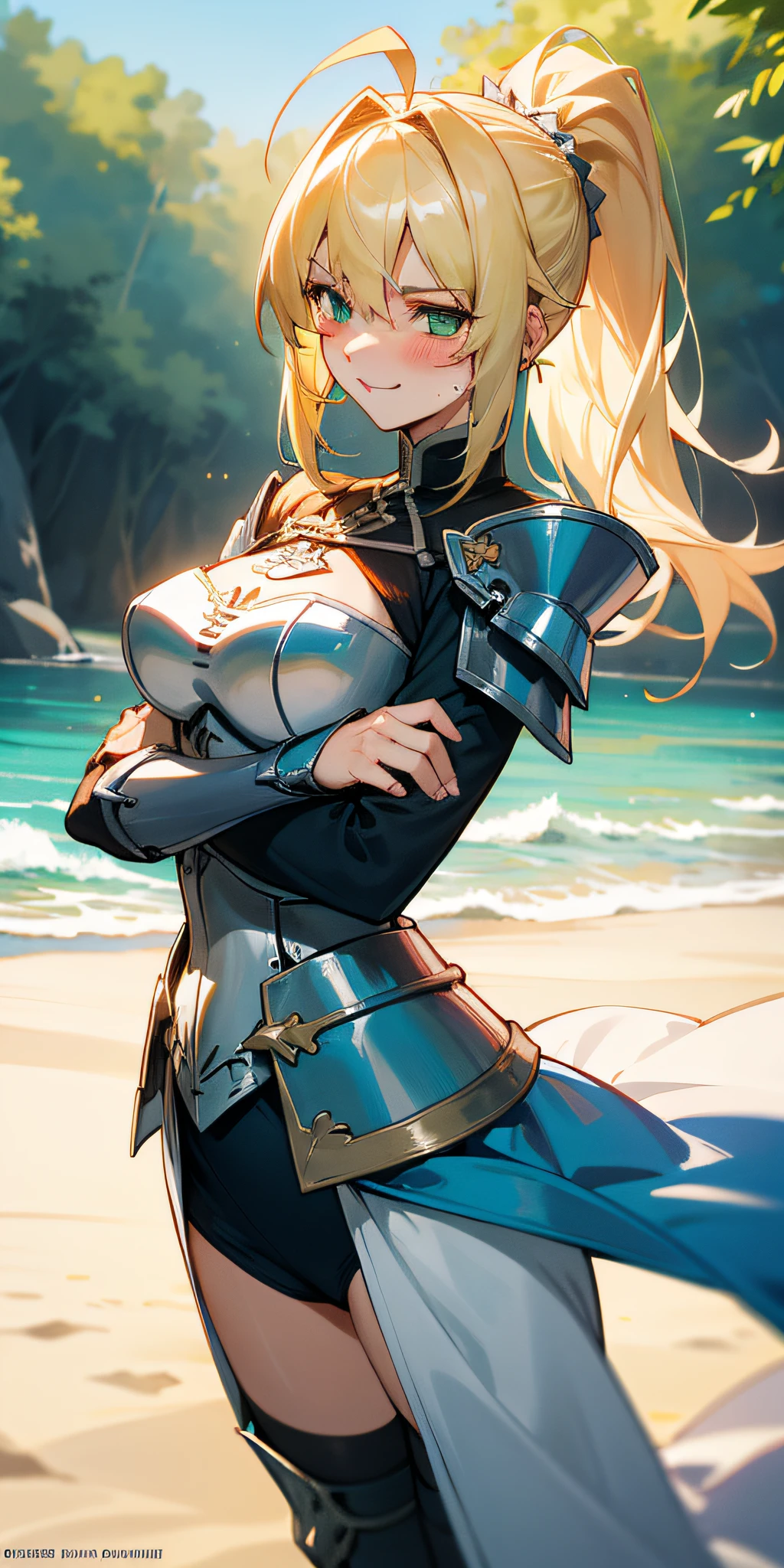 Artoria Pendragon \ (Destiny), sun, sand, masterpiece, best quality, high resolution, super detailed, art book, anime coloring, CG, illustration, fantasy, 1 girl, solo, blood, male focus, looking at the audience, attorian pendragon \ (destiny), armor, chest exposed, thighs exposed, detailed beautiful face and eyes, hands behind back, body leaning forward, back perspective, mild sunlight ,warm environment, capable slender figure, big breasts ,dexterous dynamic masterpiece, best quality, High resolution, super detailed, 1 girl, solo, blonde, sideburns, ponytail, ahoge, green eyes, portrait, standing, looking at the audience, sweat, giggling, rolling eyes, blushing, sticking out tongue, summer, beach, sun