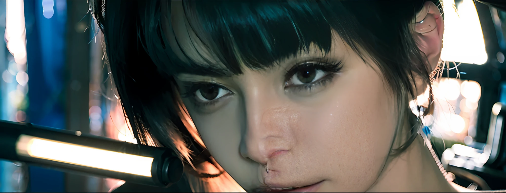 yberpunk, sci-fi, fantasy, kodak portra 400, 8k, soft light, volumetric lighting, highly detailed, britt marling style 3/4, 1girl, high quality,high detailed skin:1.4,(dark room:1.3), (rim lighting:1.3), (dimly lit:1.3), (dark night:1.3),indoors, portrait, black hair, dark background, short hair ,laboratory + face, face is the most beautiful female star in asia, intricate elegant, highly detailed, diqital painting, artstation, concept art smooth, sharp focus, illustration, art by otomo katsuhiro and shiro masamune and oshii mamoru,Global ray tracing, wide aperture F10, shutter speed 200.(Telephoto lens), panoramic, full body shot, realistic portrait, fisheye lens, cinematic lighting, lens flare, rim light, high detail, 8k resolution (highest quality), even higher quality, ultra-high resolution, bokeh effect, metallic luster, background light.