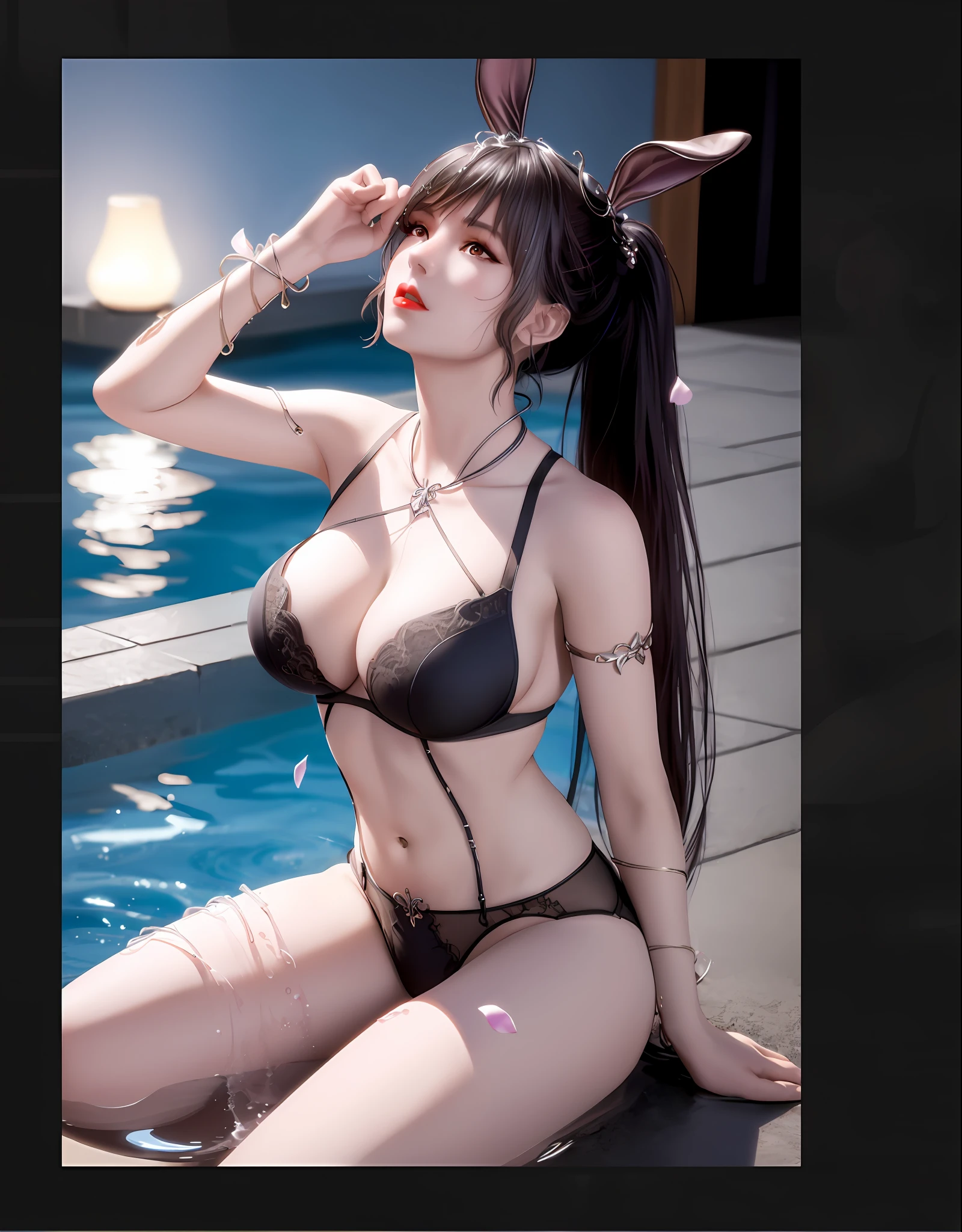 sexy asian woman in a black bikini sitting by a pool, trending at cgstation, trending on cgstation, seductive anime girl, full body xianxia, ultrarealistic sweet bunny girl, gorgeous chinese model, guweiz, seductive tifa lockhart portrait, sexy pose, artwork in the style of guweiz, swimsuit, realistic bikini, is wearing a swimsuit