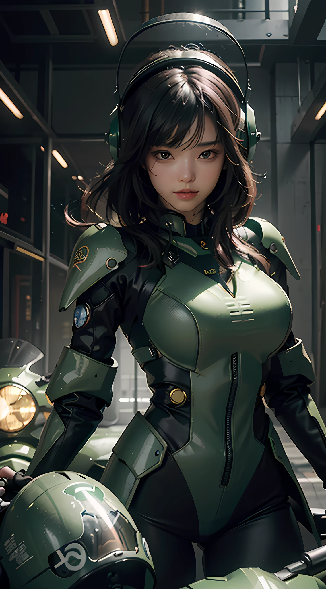Highest image quality, outstanding details, ultra-high resolution, (realism: 1.4), the best illustration, favor details, highly condensed 1girl, with a delicate and beautiful face, dressed in a black and green mecha, wearing a mecha helmet, holding a directional controller, riding on a motorcycle, the background is a high-tech lighting scene of the future city.