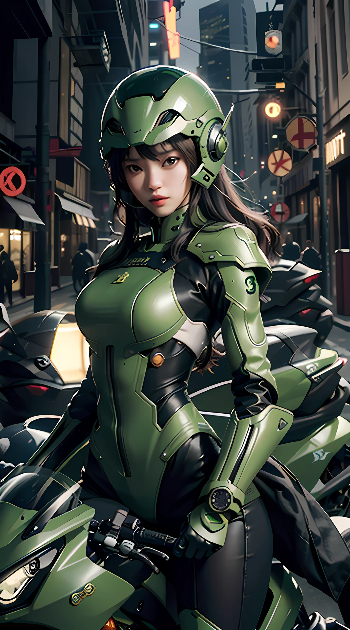 Highest image quality, outstanding details, ultra-high resolution, (realism: 1.4), the best illustration, favor details, highly condensed 1girl, with a delicate and beautiful face, dressed in a black and green mecha, wearing a mecha helmet, holding a directional controller, riding on a motorcycle, the background is a high-tech lighting scene of the future city.
