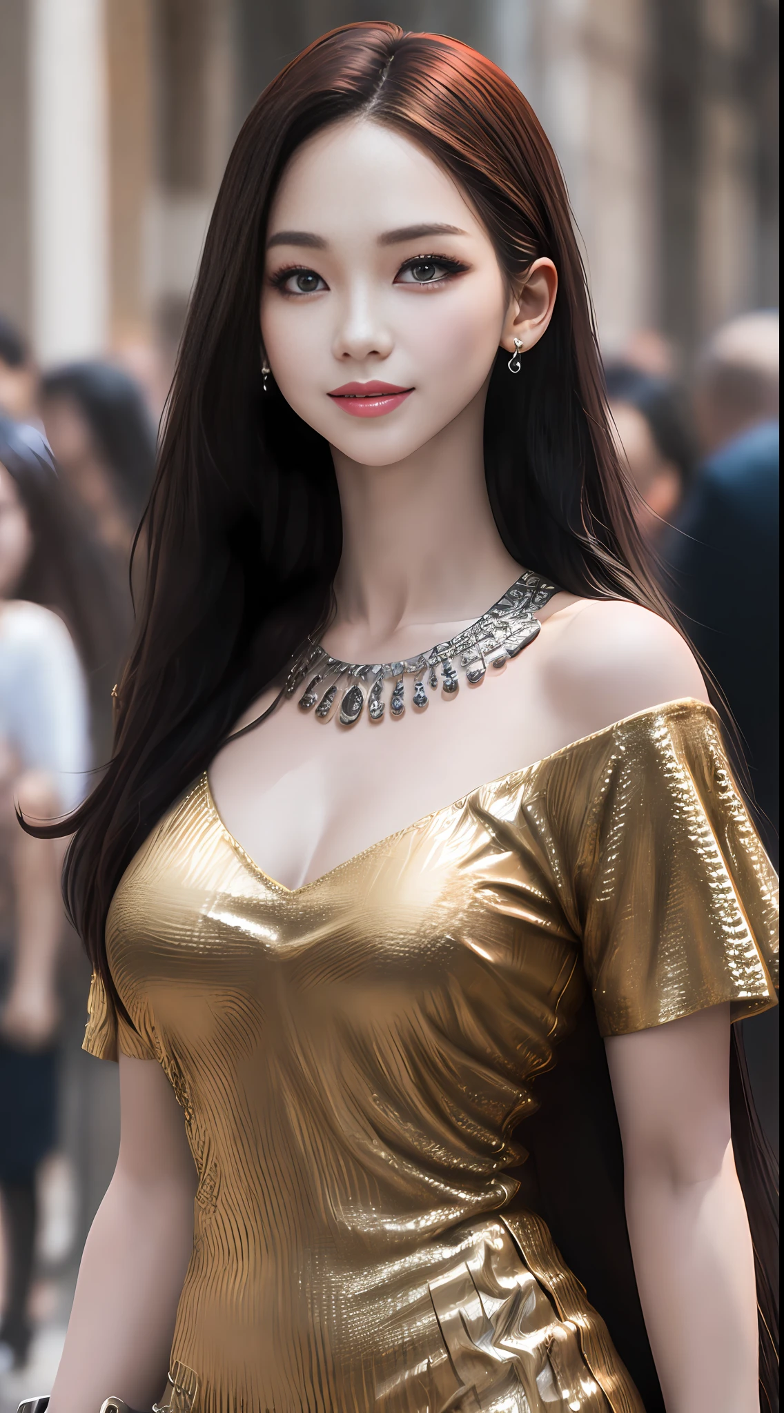 ((Top Quality, 8k, Masterpiece: 1.3)), Model body type, highly detailed face and skin texture, double eyelids, Shilong hair straight, Smooth hair, Outstanding smile, Big breasts, Large earrings, Korean beauty, plain clothes, no skin,