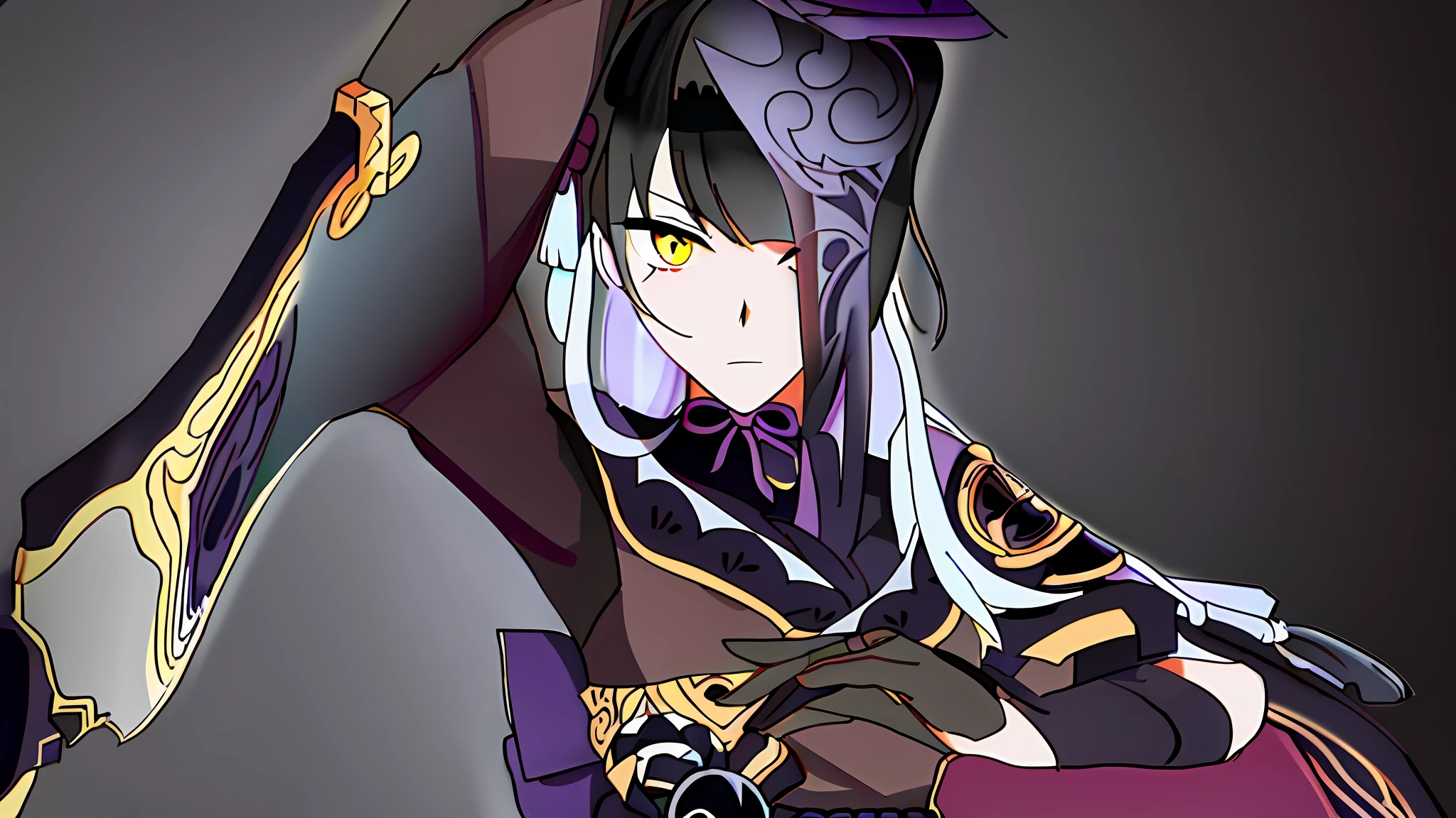 A drawing of a woman holding a sword and a hat, clean anime silhouette, perfect line art, clean line art, thick line art, thick black line art, ink outline, thick line art, line art, strong line art, thick silhouette, contour sketch, Keqing from Genshin Impact, Thick silhouette, Nakari from Genshin Impact, draw the sword from the chest