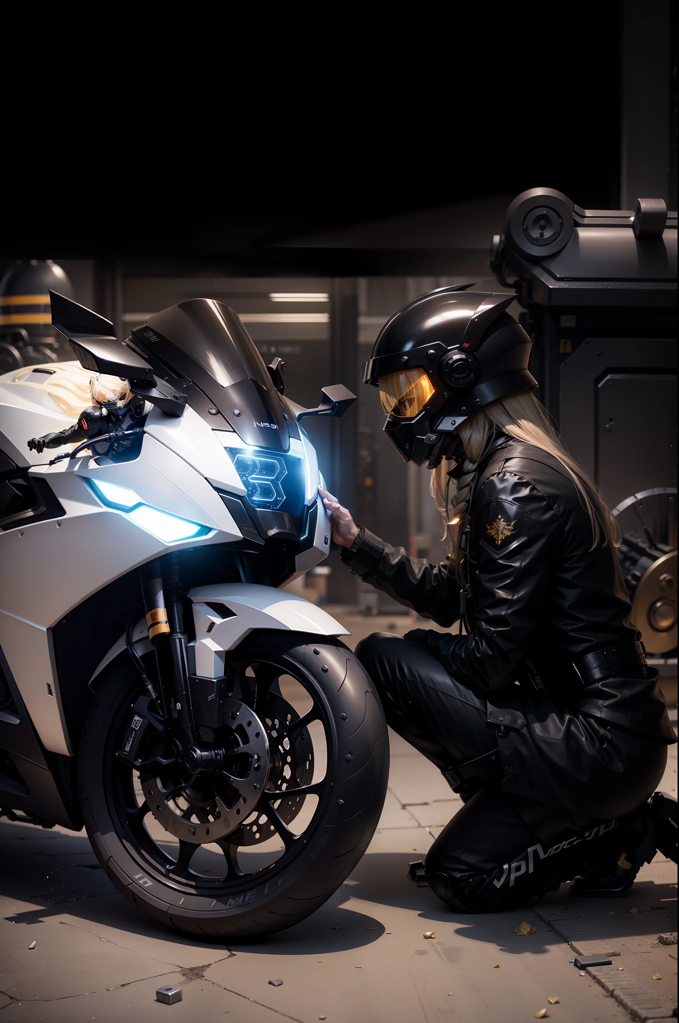 Black tech helmet, blond flowing long hair, sexy black mechanical clothes long blonde sailor holding cyber mechanical motorcycle with both hands, blonde flowing long hair, black full enveloping helmet, Nousr, biomechanics, mshn robot man, high-tech helmet, surreal, steel, complex design, crazy details, fine details, extremely clear lines, cinematic lighting, photo realisticity, detailed masterpiece