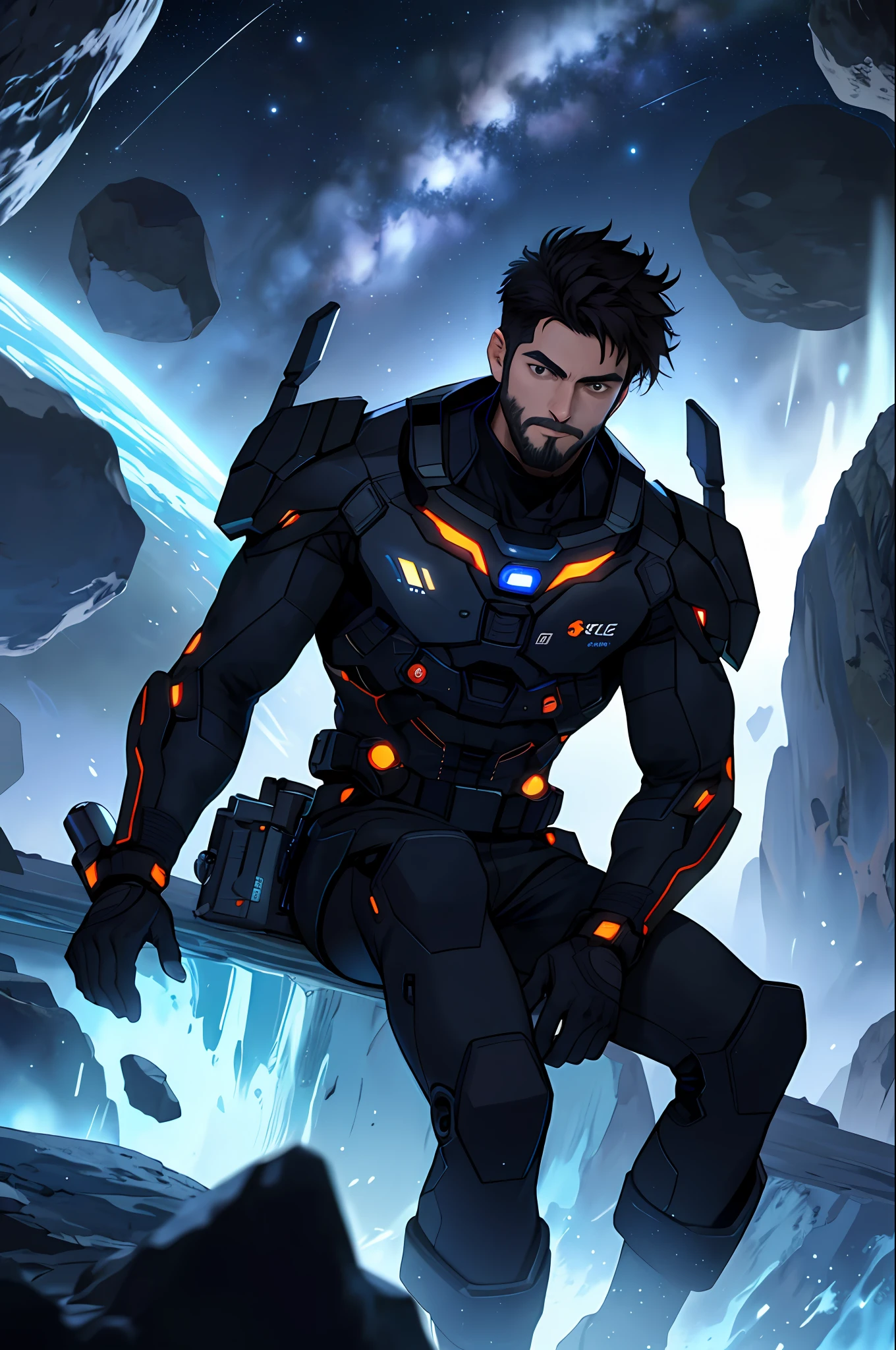 Draw a young programmer, sitting on a research platform floating in the middle of an asteroid belt. He is studying with a notebook, surrounded by several asteroids glowing with fiery auras. Dramatic lighting from distant stars and planets illuminates the scene, casting deep shadows on the suit. The young man looks confident and determined, looking at the vast and mysterious universe with wonder and respect,facial hair, cowboy shot,