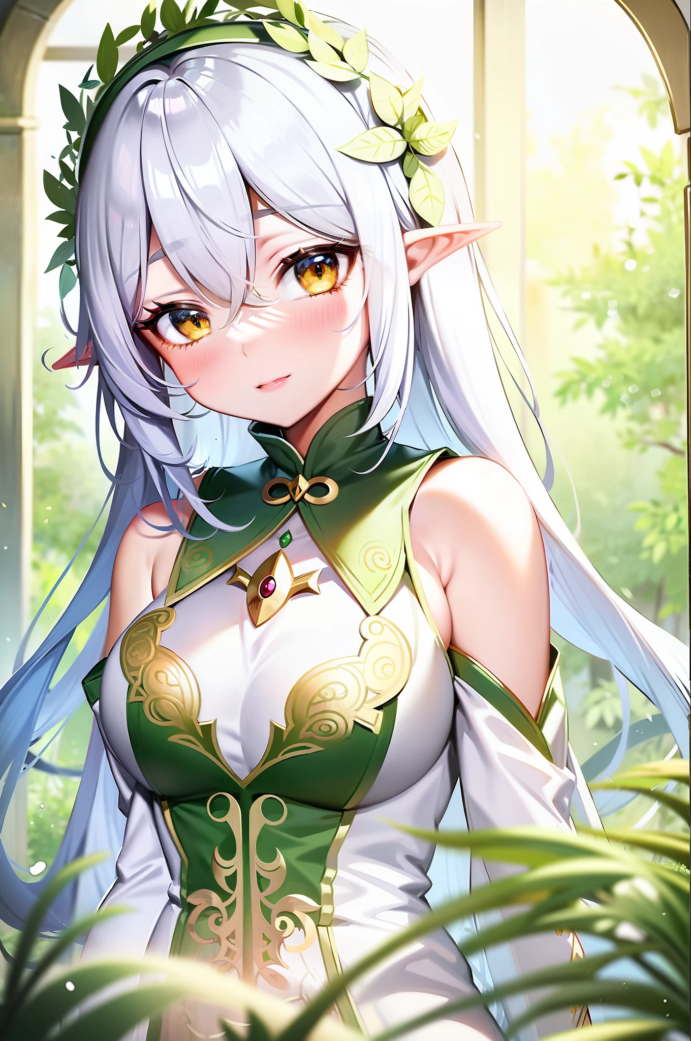 Anime girl with long white hair and green dress in front of window, seductive elf princess knight, elf girl, elf princess, elf princess knight, elf character with giggle, elf queen, portrait of elf queen, portrait of zodiac girl knight, she has elf ears and golden eyes, elf girl in flower costume, portrait of elf, huge breasts