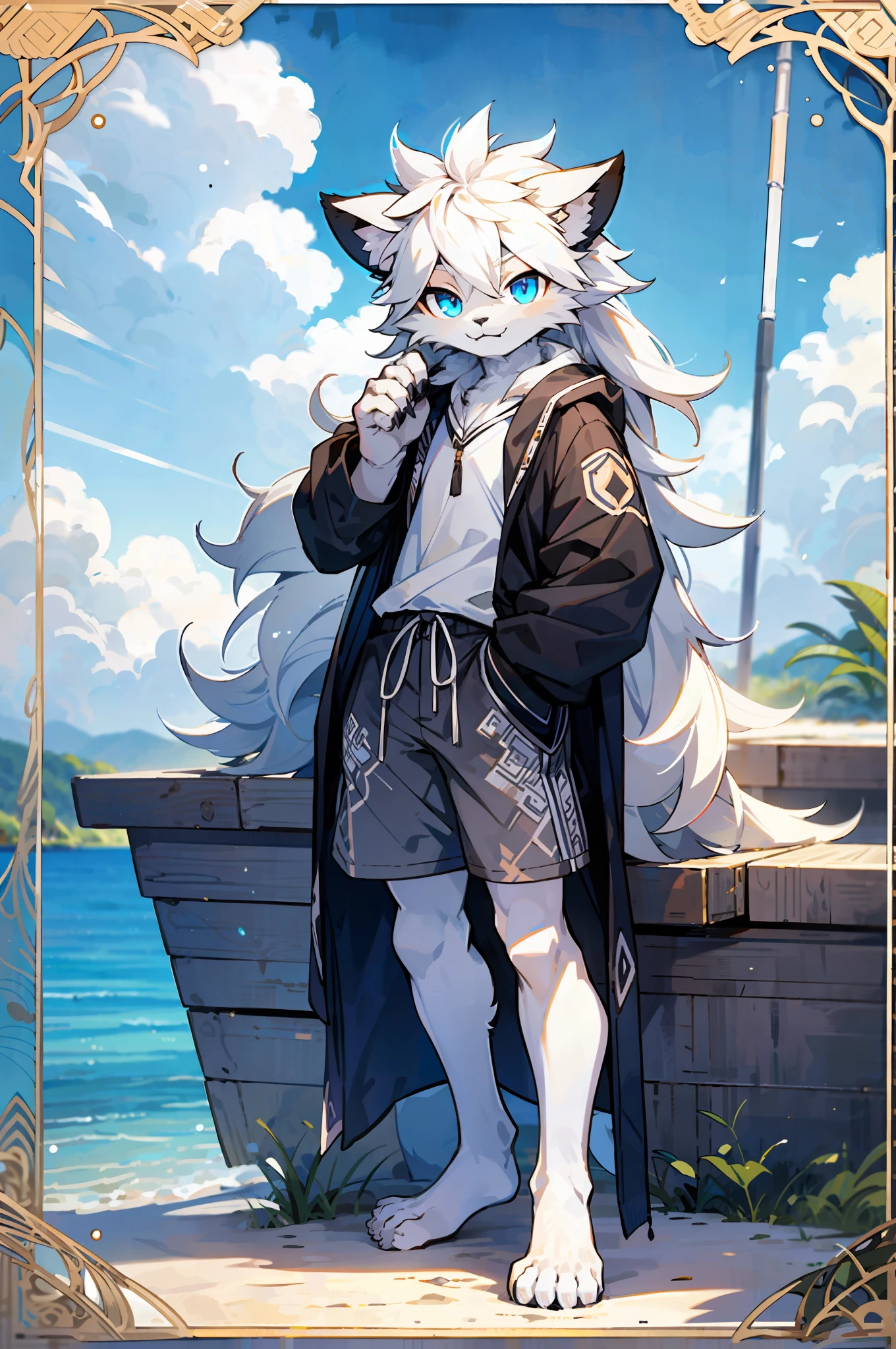white lion, long hair, beach, shorts, boy teen, masterpiece, high detail, high quality, completely white fur, black hair, blue eyes, eye look, furry, furry lion, male, boy, shota, looking spectator, mane, barefoot