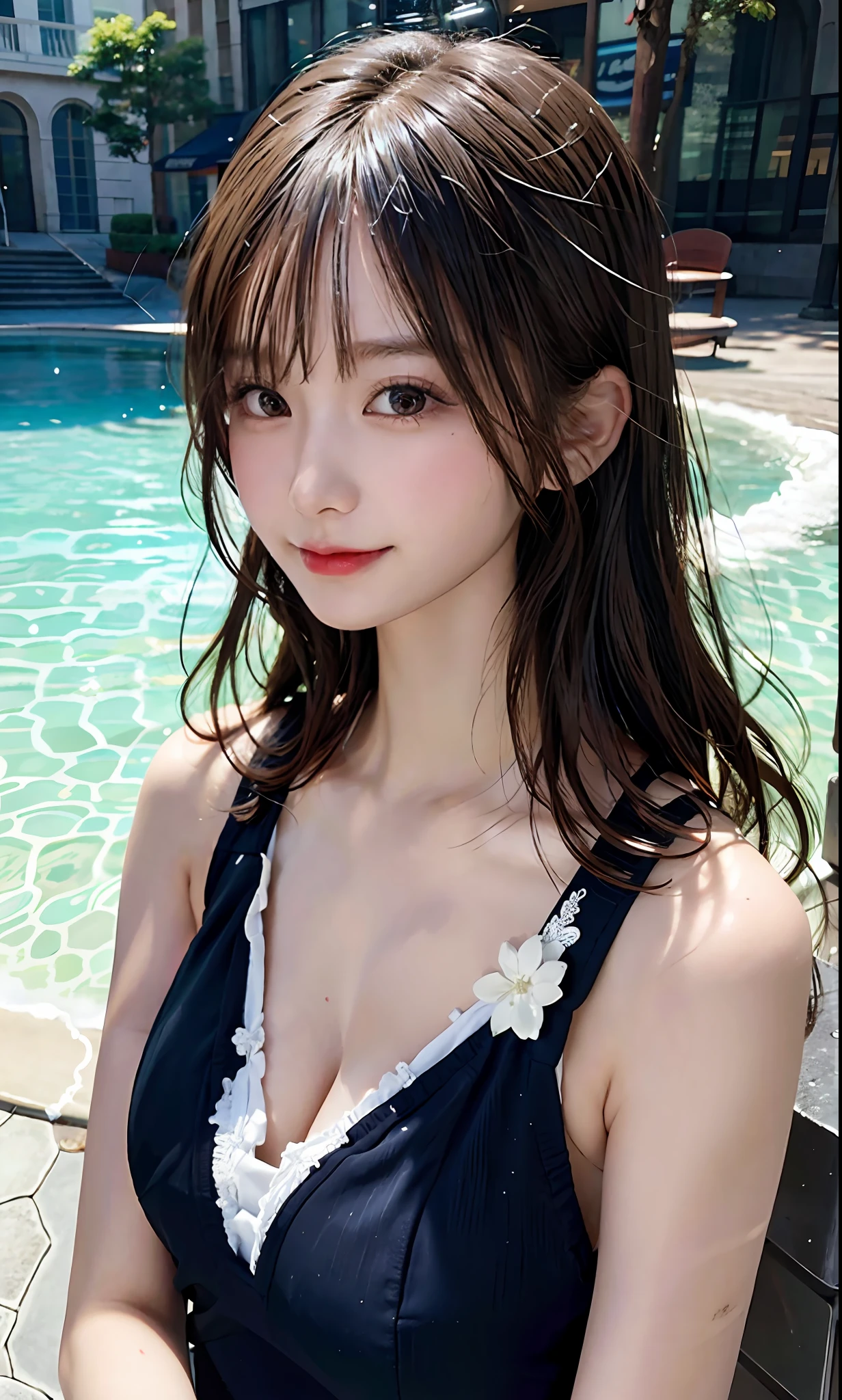 (RAW photo: 1.2), top quality, beautiful detailed girl, smiling, swimsuit, sitting, highly detailed eyes and face, beautiful detailed eyes, huge file size, high resolution, 8k wallpaper, fine detail, highly detailed ticker uniform 8k wallpaper, light on face, movie lighting, 18 year old girl, sexy pose, (photorealism: 1.4), illustration, super detail, beach