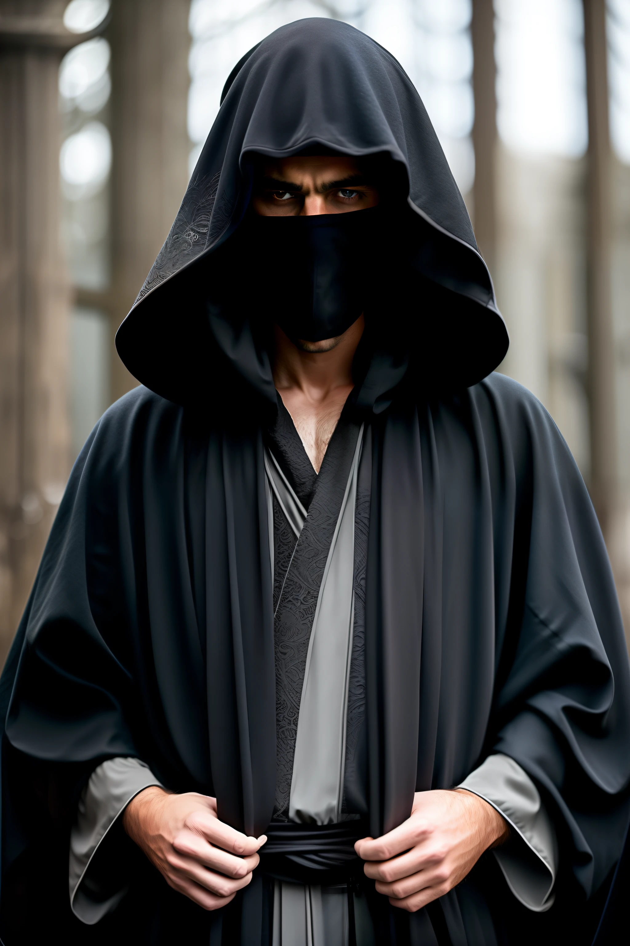 The man in the shabby black robe had a gloomy expression. The hood hides the face.