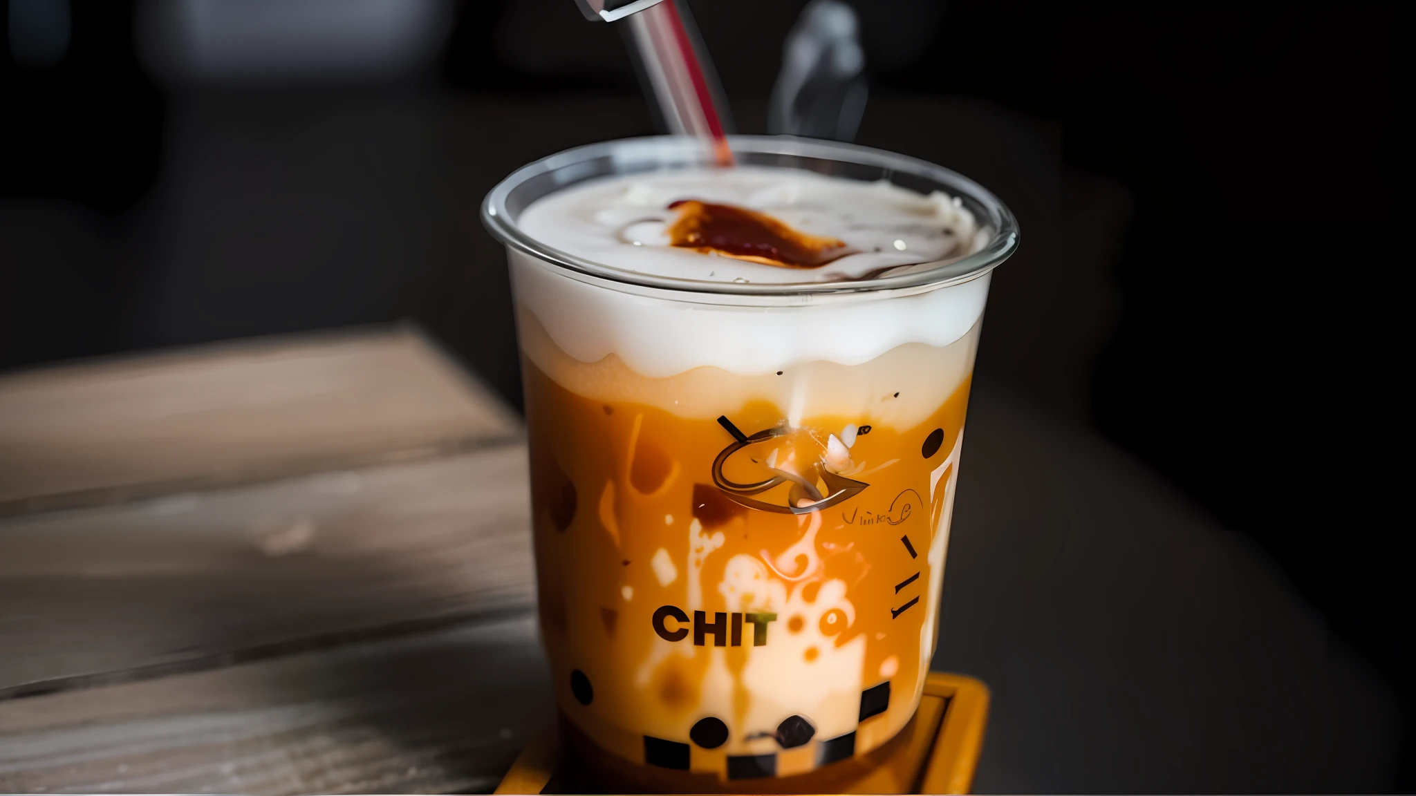 there is a drink with a straw in a cup on a table, colored milk tea, drinking boba tea, chozo, chitin, iced latte, choi, inspired by Cui Bai, small chin, ❤🔥🍄🌪, chilly, cold brew coffee ), ice coffee, chi-gong, antilous chao, 💣 💥, chiho, fanart --auto --s2