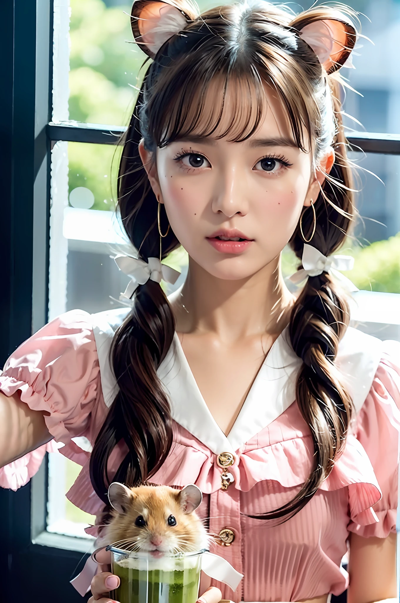 One girl and hamster, bangs trimmed under the eyebrows, bangs cut above the eyes, pink ruffled blouse, large ribbons on the chest, black ruffled skirt, clothes with lace, twin tails, clear eyes, double eyelids, hamster on the head, drinking matcha tea, slightly droopy eyeliner, lower eyelashes, clear tear bags, matte skin, young face, golden hamster, sailor collar, ruffles, ribbon hair ornaments,