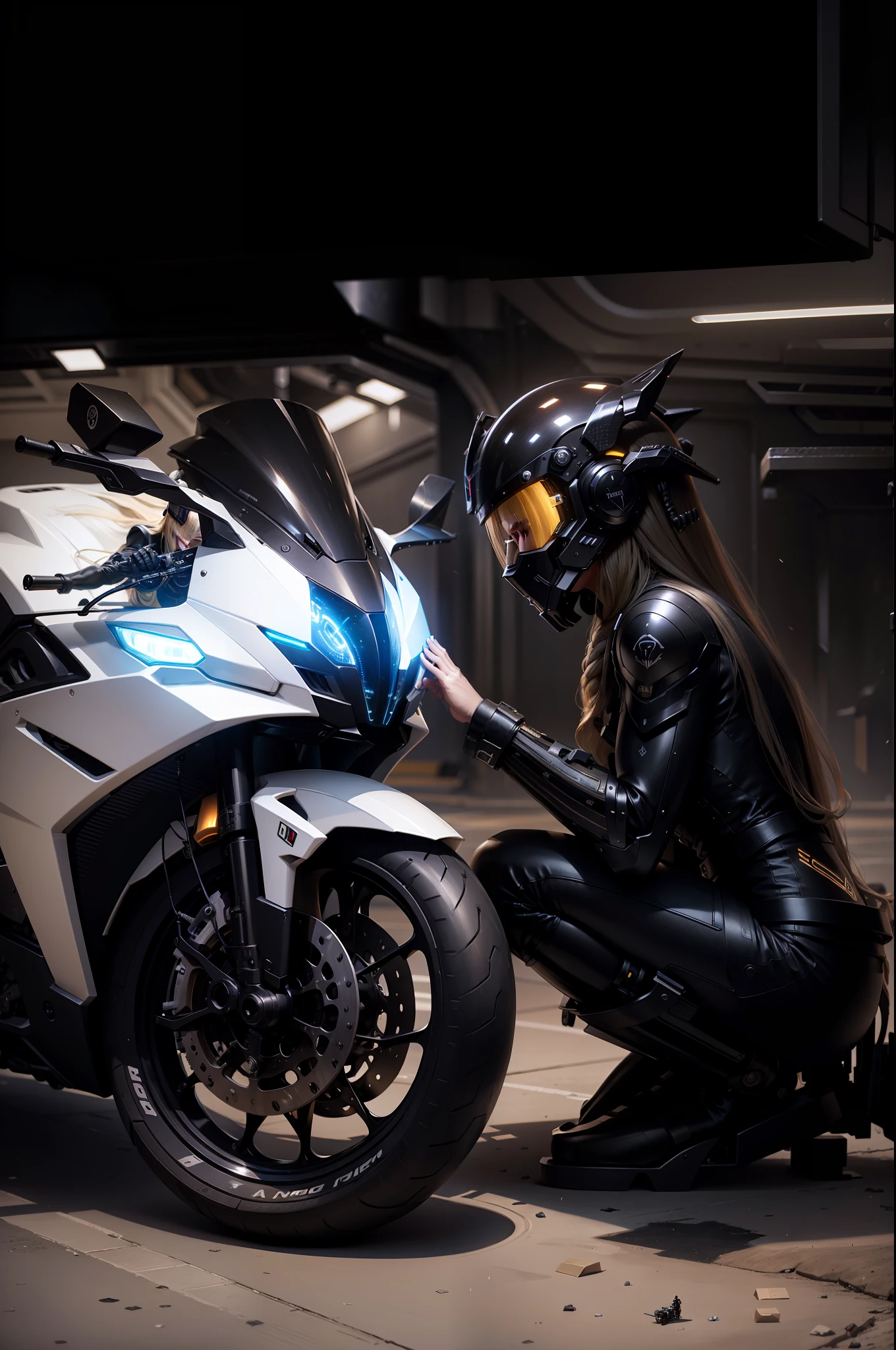 Black tech helmet, blond flowing long hair, sexy black mechanical clothes long blonde sailor holding cyber mechanical motorcycle with both hands, blonde flowing long hair, black full enveloping helmet, Nousr, biomechanics, mshn robot man, high-tech helmet, surreal, steel, complex design, crazy details, fine details, extremely clear lines, cinematic lighting, photo realisticity, detailed masterpiece