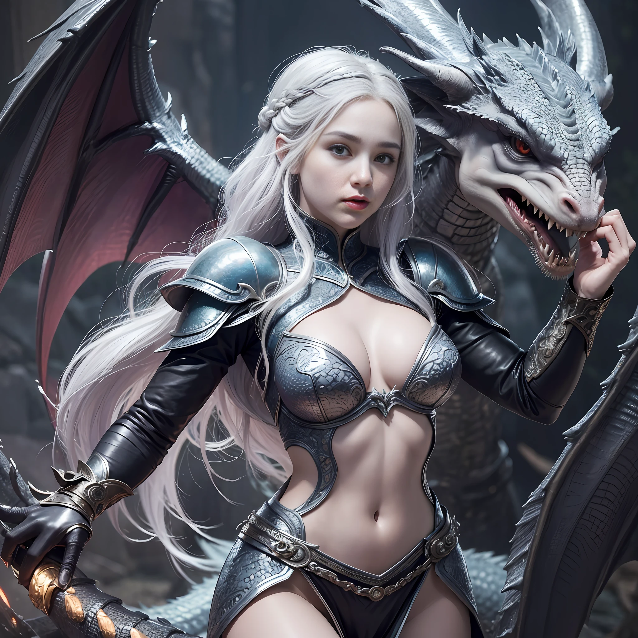1. Appearance: Dragon Mother is a beautiful and charming woman with silver hair and purple eyes, her skin is pale and smooth, her demeanor is elegant, and her body is petite.
2. Personality: Mother Dragon is a resolute and fearless woman who is full of justice and maternal love, and unconditionally protects and supports her family and friends. She is intelligent and decisive in her decisions, but also passionate and impulsive.
3. Abilities: Dragon Mama has the ability to control and control dragons, she can communicate with dragons minds, and fight through dragon powers. She is also a leader who is good at motivating and leading people.
4. Battle Status: Dragon Mama shows great fighting skills and courage in battle, she can ride a dragon through the air and use Dragon Burn to attack enemies. She also possesses swordsmanship and strategic skills, making quick decisions in battle, and is also adept at using political means to gain support and allies.
5. Backstory: The Dragon Mother's real name is Daenerys Targaryen, and she is the last descendant of the exiled Targaryen dynasty. She gradually grew into a powerful leader who hoped to regain the throne of her family and eliminate injustice and injustice. She became a true dragon mother by combining with dragons and led her dragons and loyal followers to conquer the Seven Kingdoms, (purple eyes), (silver hair), beauty is different from ordinary people, ((film grain: 1.3)), 1 woman , 8k, RAW photo, best quality, masterpiece: 1.2, (realistic, photo realistic: 1.37), detailed beautiful face, (realistic:1.4), (soft focus: 1.4), (sharp focus: 1.4), (detailed background: 0), super detailed, solo, (Rage: 1.1), ((Majesty, frown)), (Shut Up: 1.05), Beautiful and delicate eyes, (long gray hair), ((full)), Game of Thrones, Daenerys Targaryen hairstyle, outdoor, winter, freezing, blizzard,